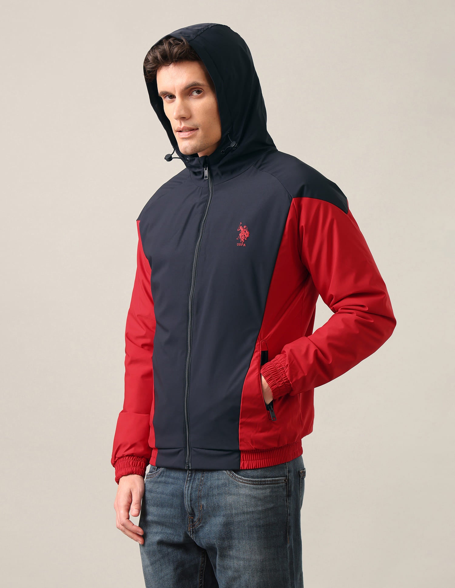 Colour Block Logo Hooded Jacket Navy and Red - U.S. Polo Assn. India | Large