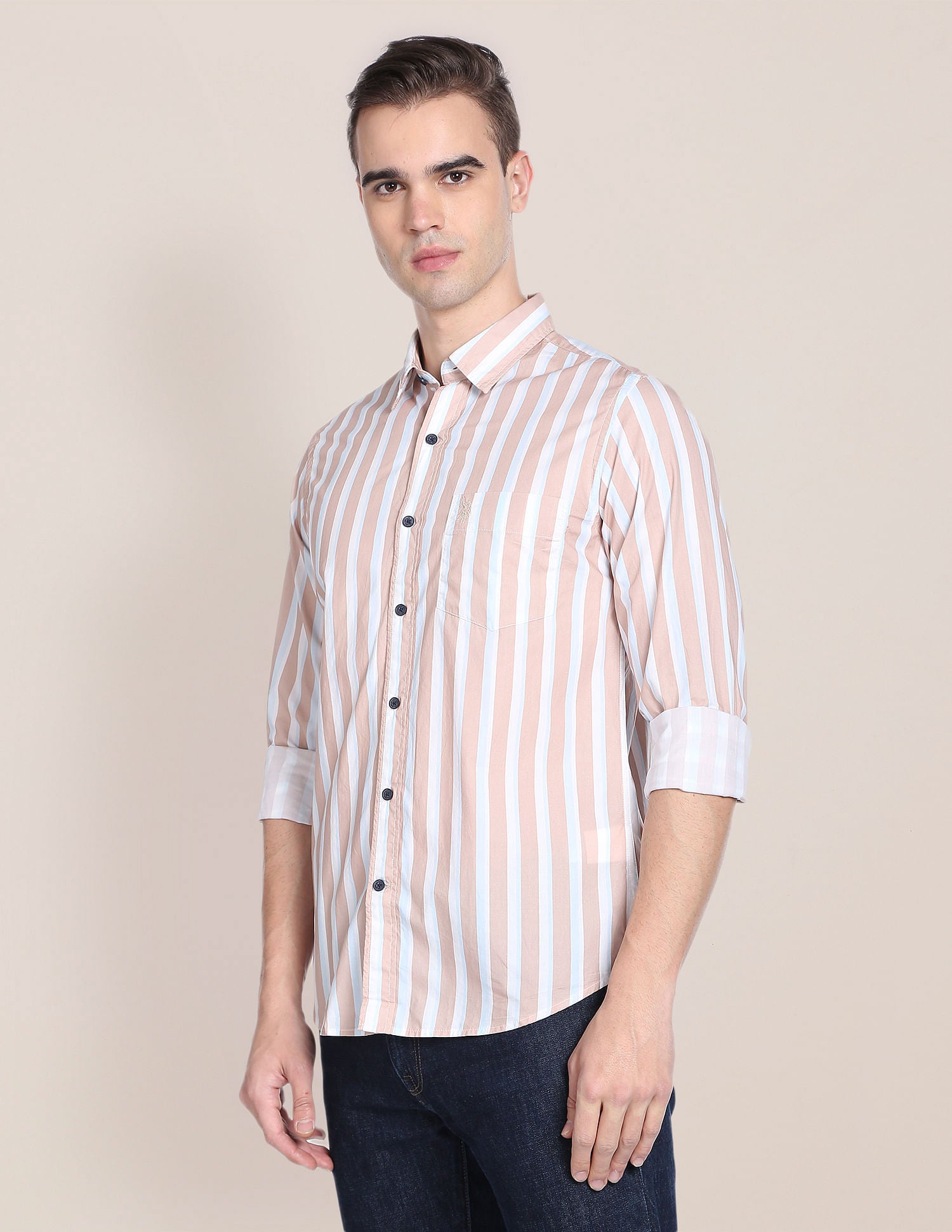 Men Beige Vertical Stripe Cotton Casual Shirt Beige - U.S. POLO ASSN. | Large