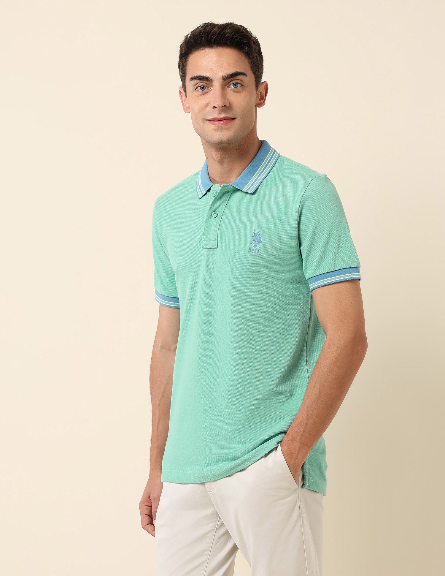 Slim Fit Solid Polo Shirt Aqua - U.S. Polo Assn. India | Large