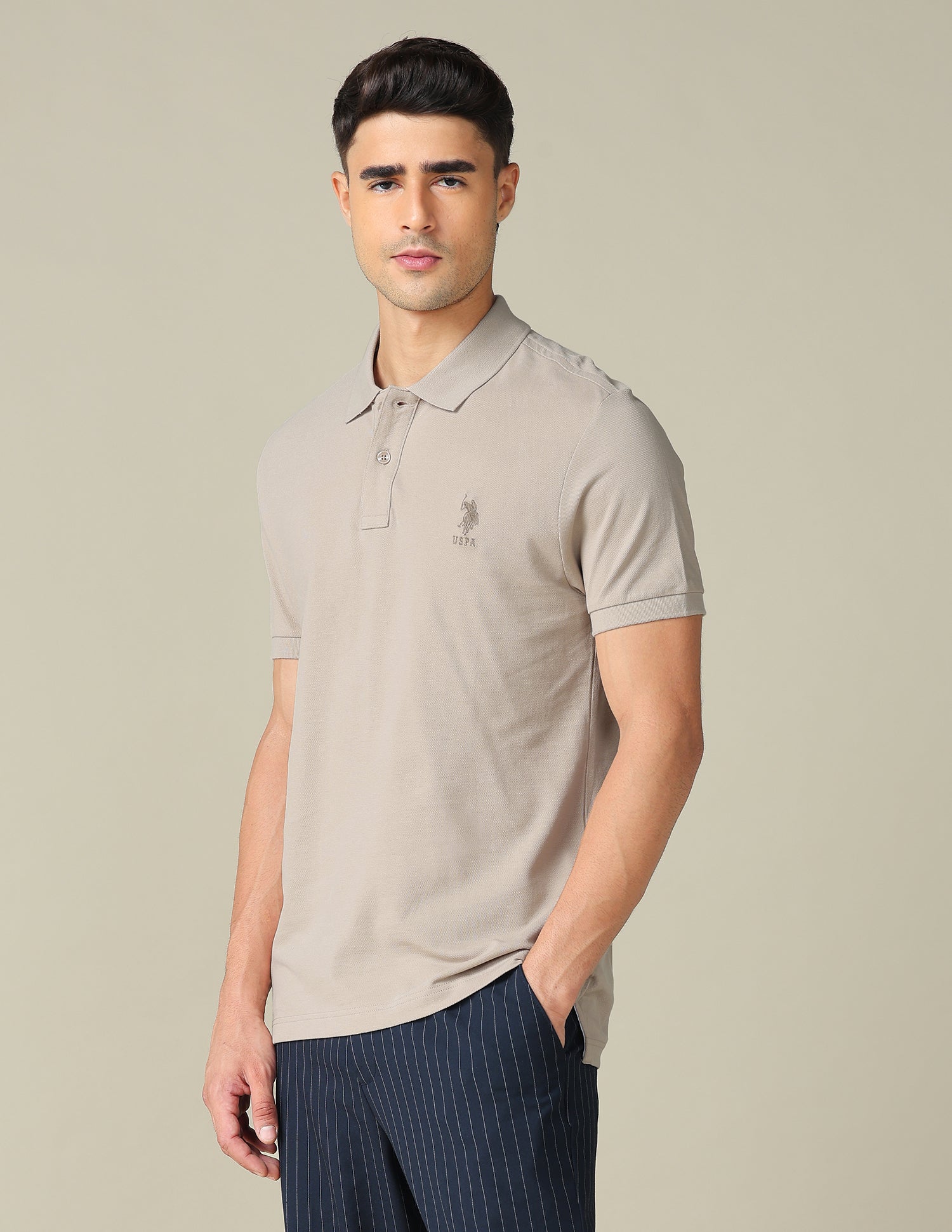 Muscle Fit Typographic Printed Polo Shirt Beige - U.S. POLO ASSN. | Large