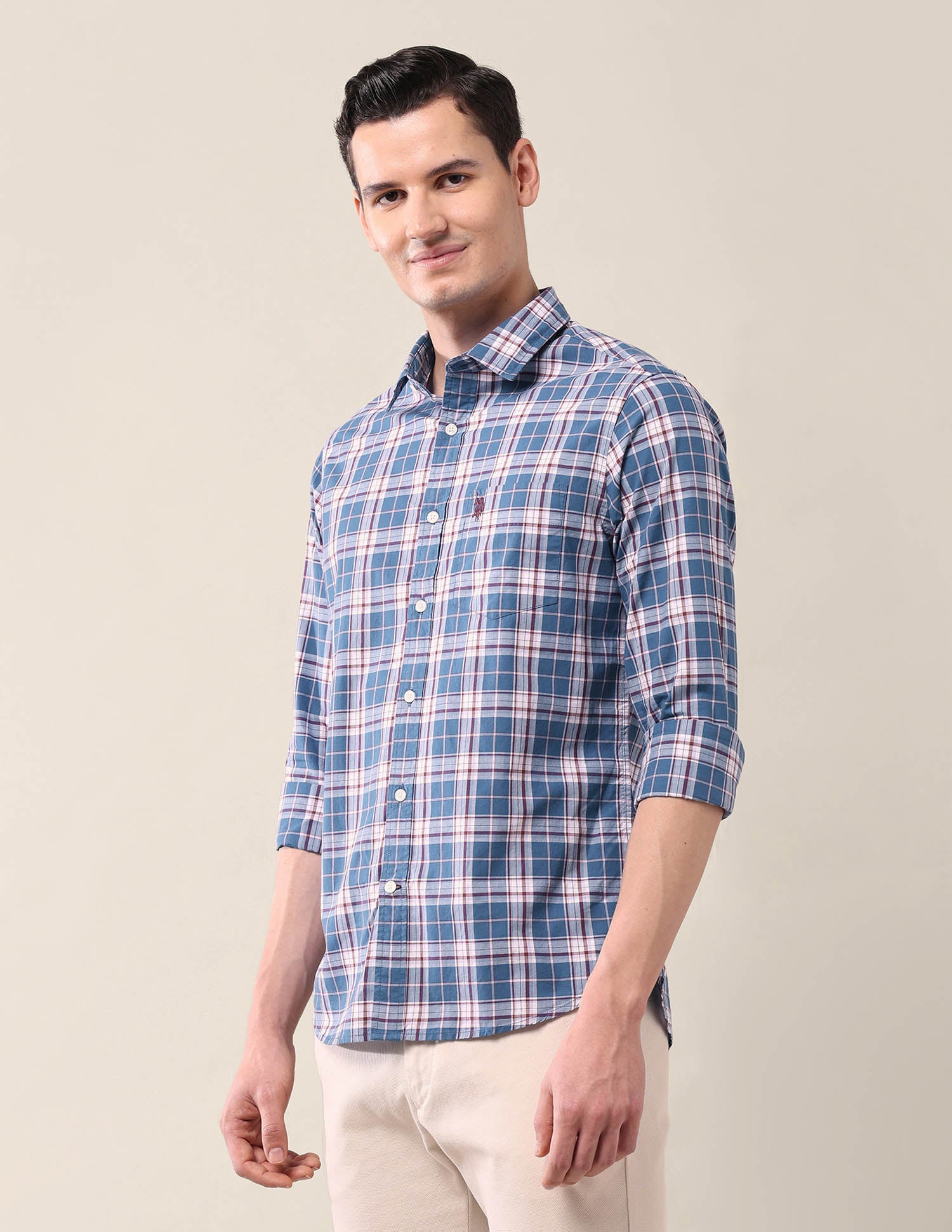 Grid Tattersall Checked Tailored Fit Shirt Medium Blue - U.S. Polo Assn. India | Large