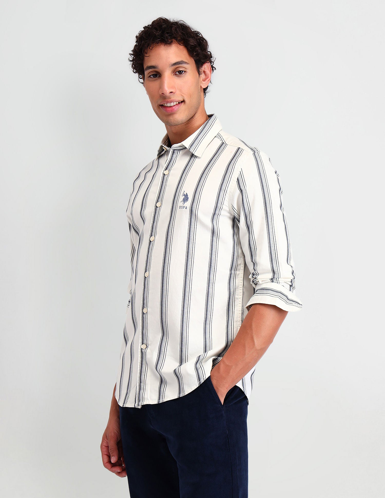 Manhattan Slim Fit Striped Shirt Ivory - U.S. Polo Assn. India | Large
