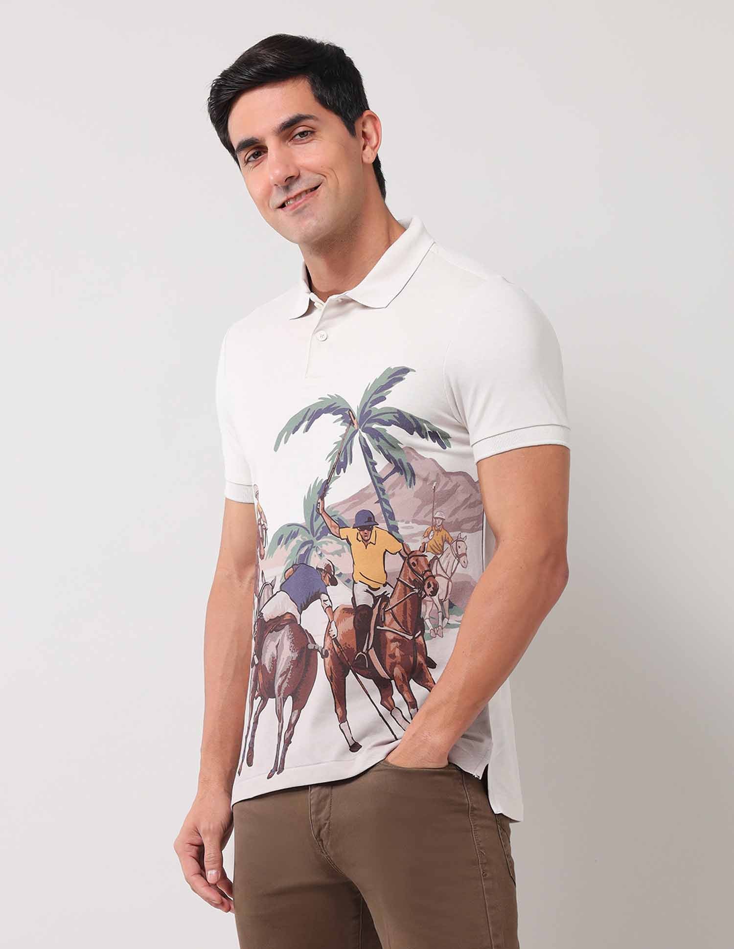 Brand Printed Muscle Fit Polo Shirt Beige - U.S. Polo Assn. India | Large