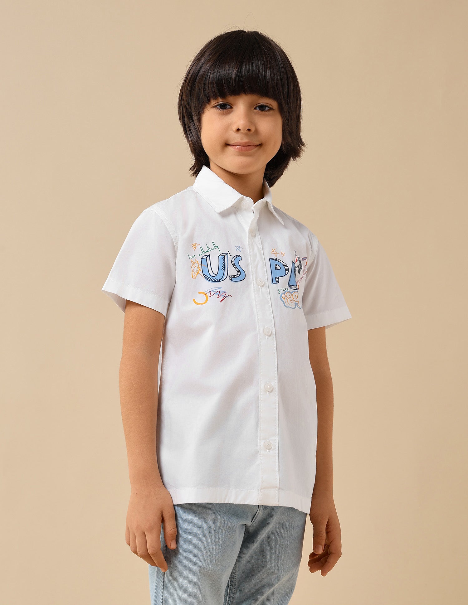 Boys Graphic Brand Printed Regular Fit Shirt White - U.S. POLO ASSN. | Large