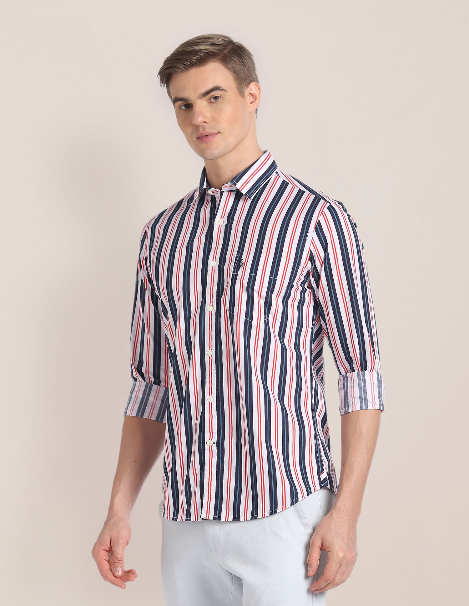 Cutaway Collar Vertical Stripe Shirt Coral - U.S. Polo Assn. India | Large