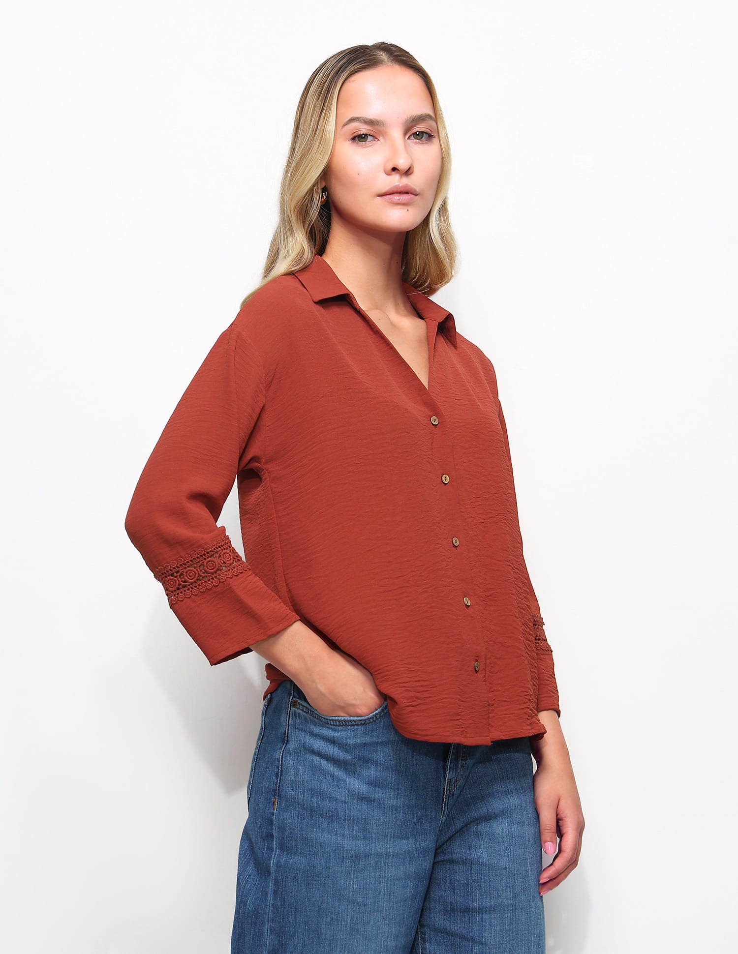 V-Neck Top With Lace Detail Brown - U.S. Polo Assn. India | Large