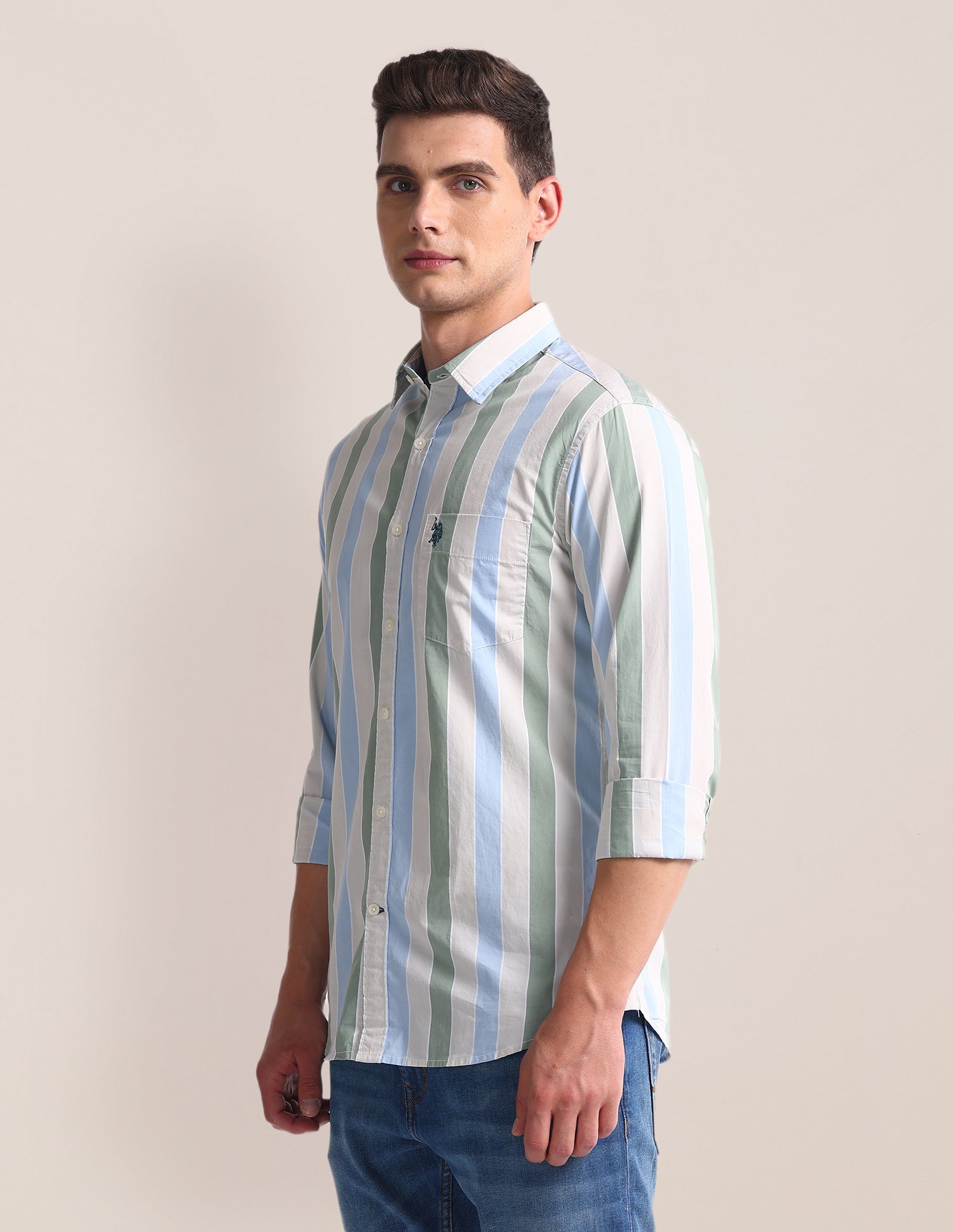 Vertical Stripe Tailored Fit Shirt Beige, Blue and Green - U.S. POLO ASSN. | Large