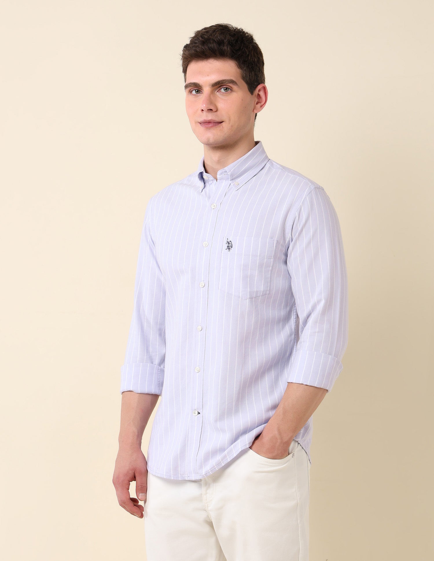 Vertical Striped Oxford Button-Down Shirt Light Lavender - U.S. Polo Assn. India | Large
