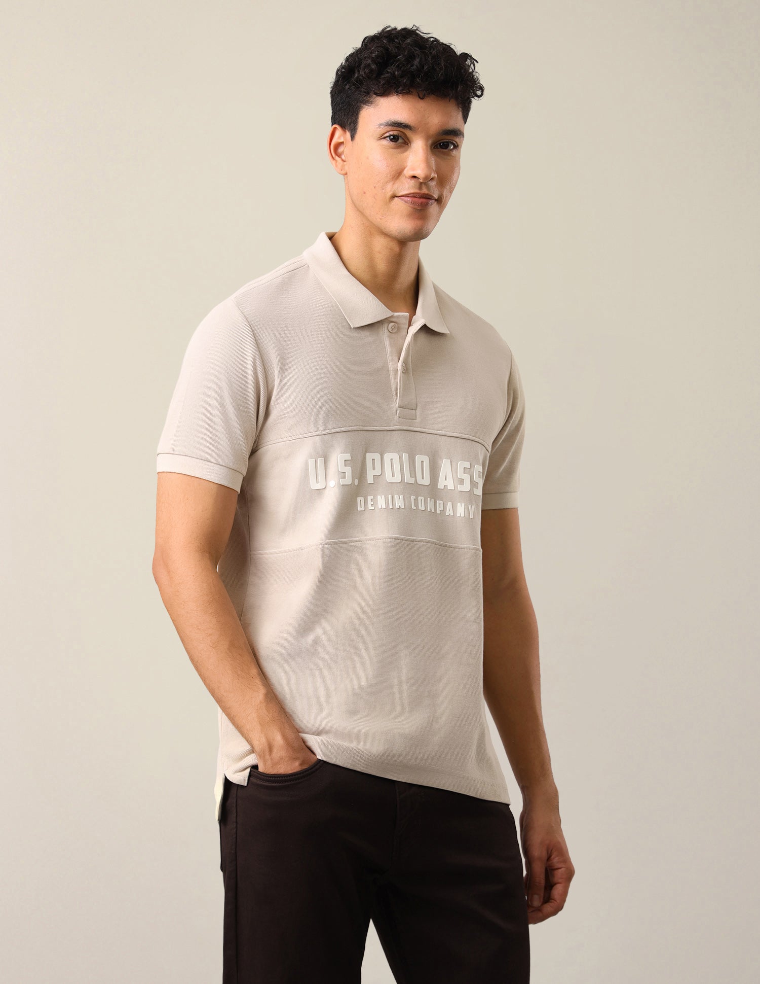 Brand Embossed Slim Fit Polo Shirt Beige - U.S. Polo Assn. India | Large