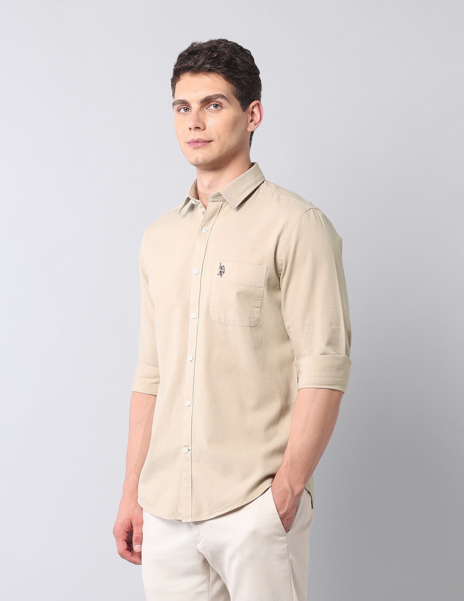 Slim Fit Pure Cotton Twill Shirt Beige - U.S. POLO ASSN. | Large