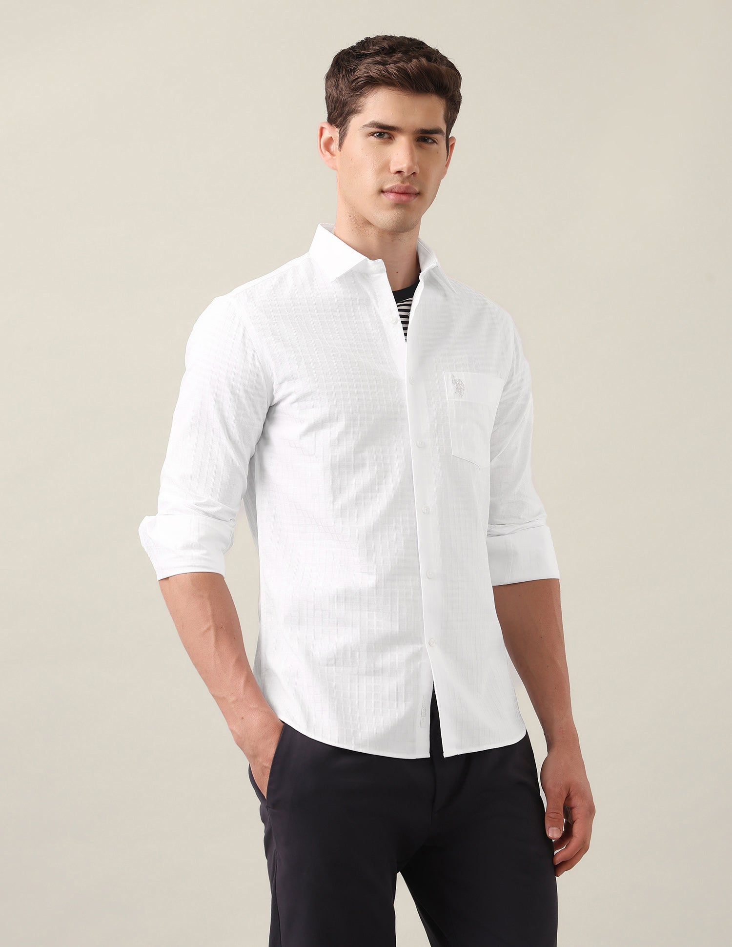 Tailored Fit Grid Tattersall Checked Shirt White - U.S. Polo Assn. India | Large
