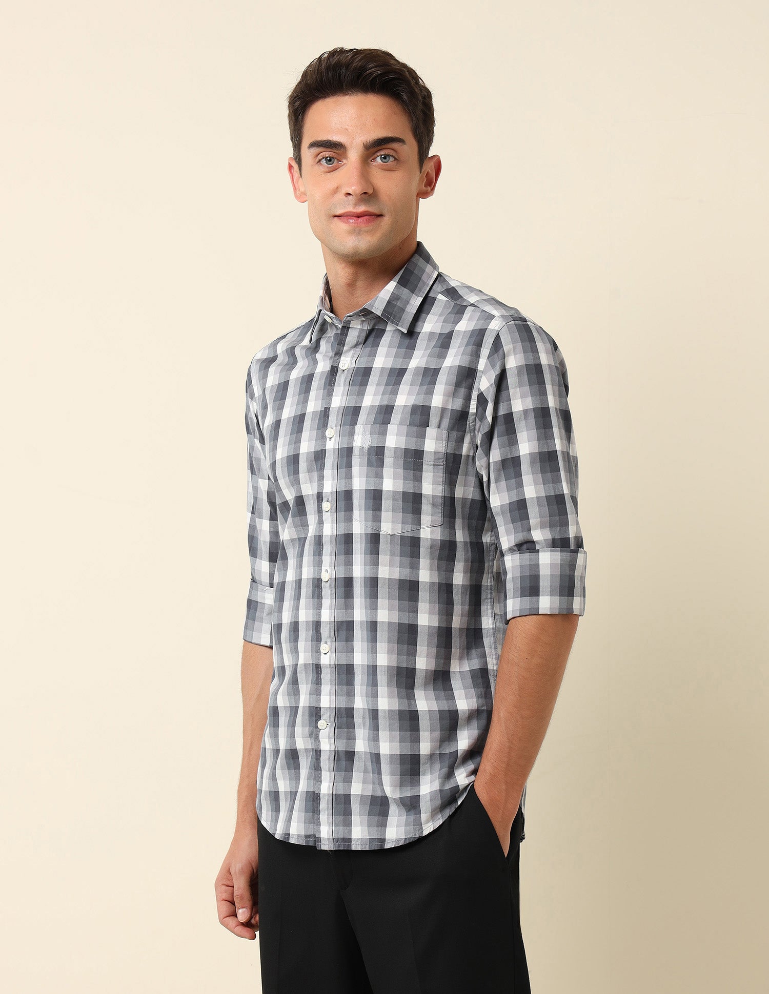 Grid Tattersall Checked Tailored Fit Shirt Light Grey - U.S. POLO ASSN. | Large