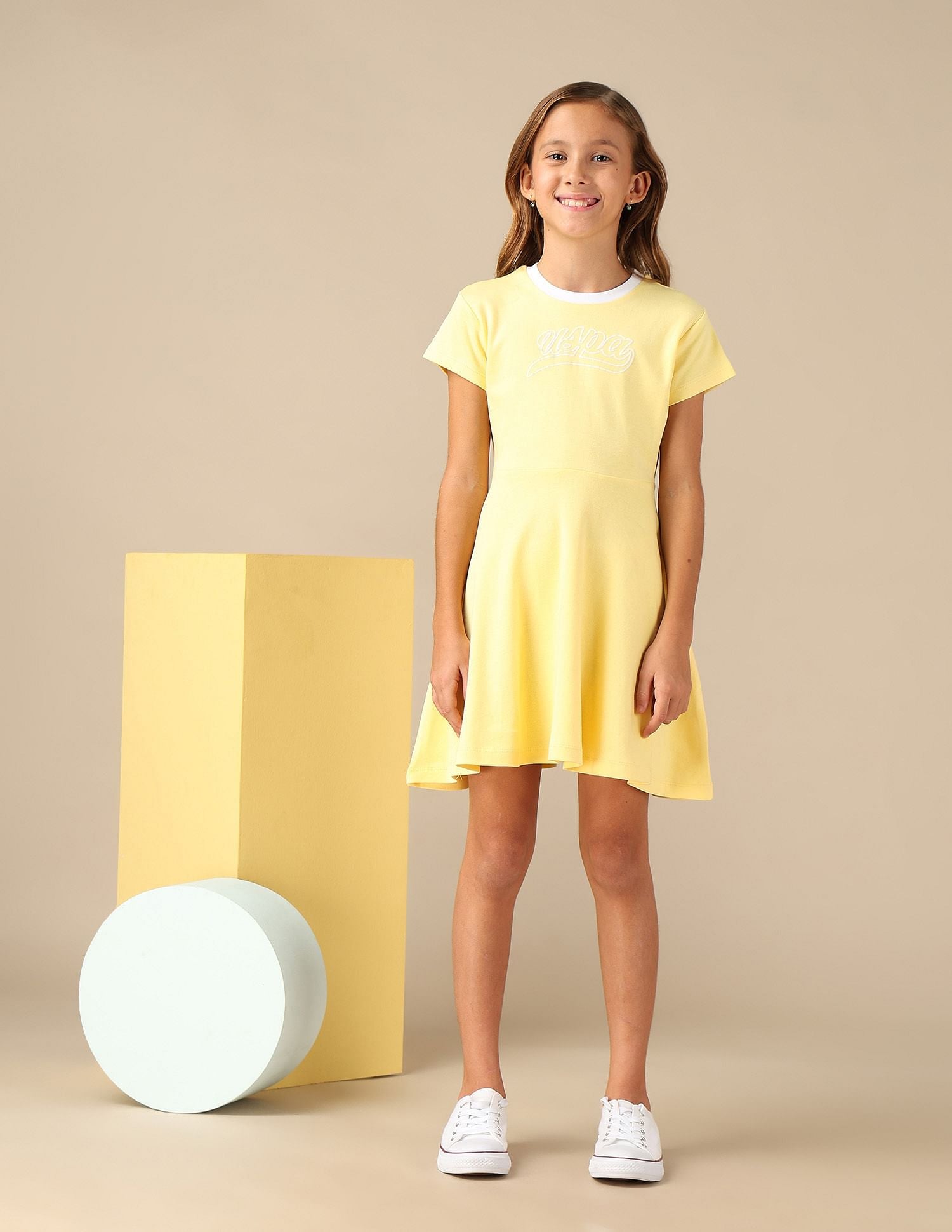 Girls Brand Printed Fit And Flare Dress Yellow - U.S. POLO ASSN. | Large