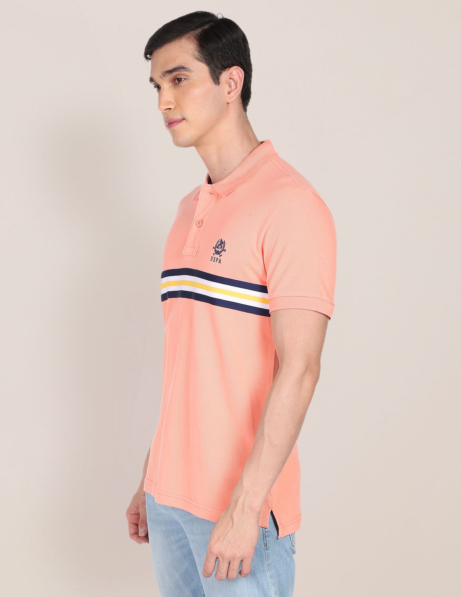 Contrast Stripe Cotton Polo Shirt Peach - U.S. POLO ASSN. | Large