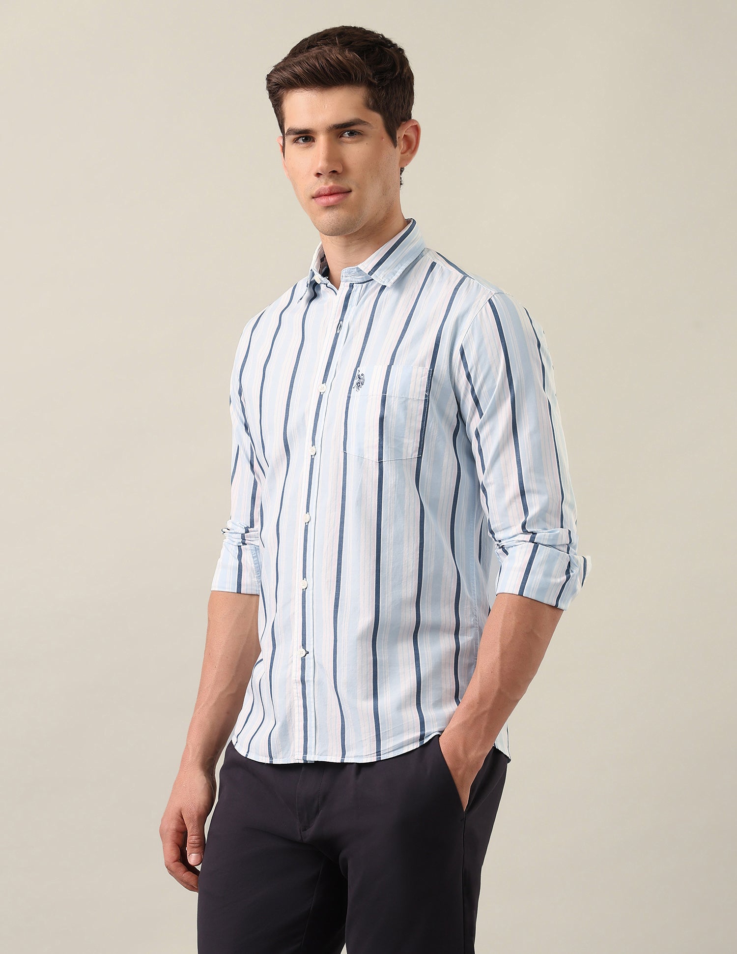 Tailored Fit Vertical Striped Shirt Light Blue - U.S. Polo Assn. India | Large