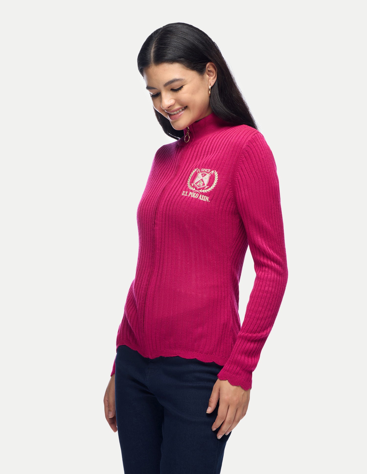 Patterned Knit Slim Fit Zipper Sweater Pink - U.S. Polo Assn. India | Large