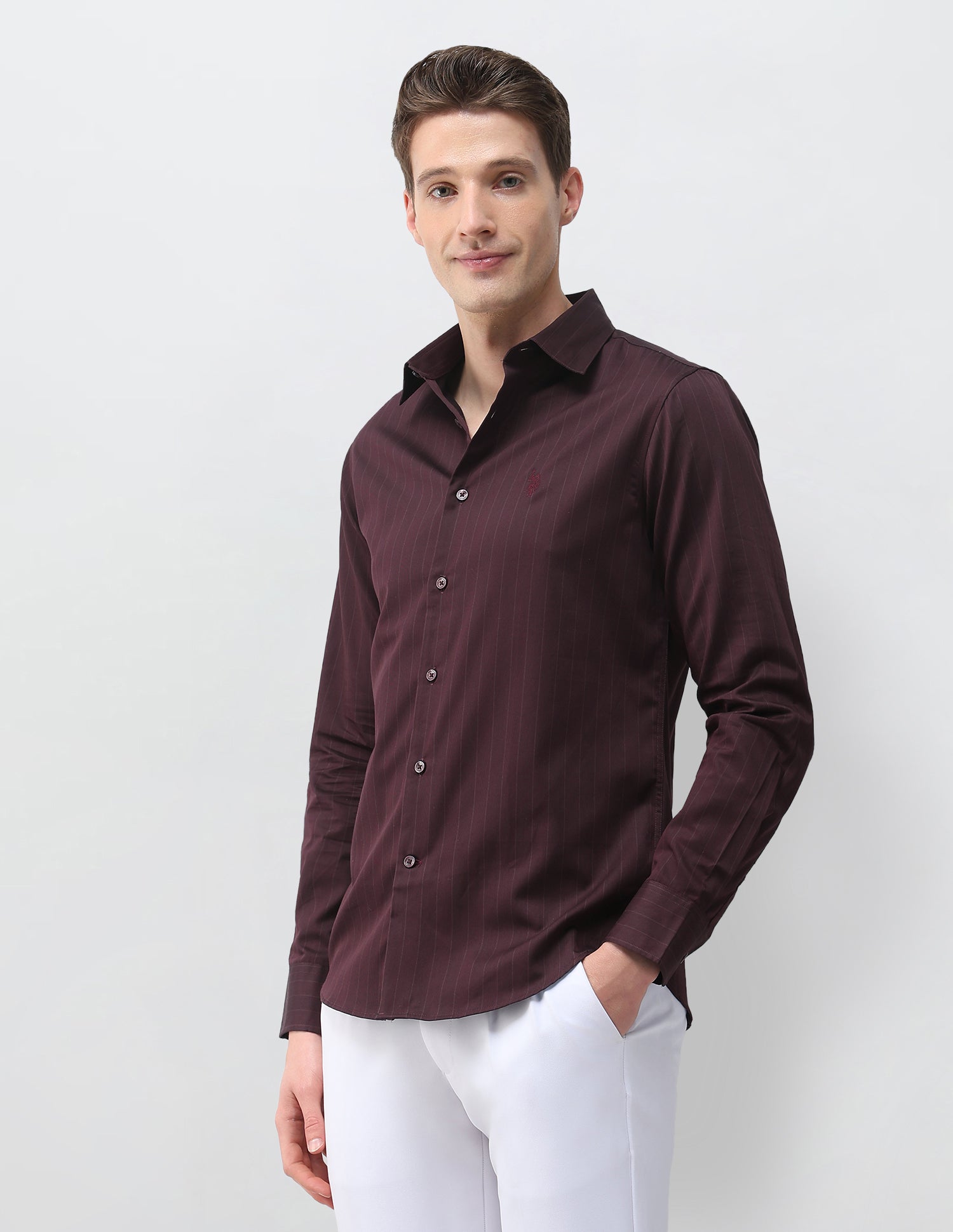 Vertical Striped Satin Shirt Burgundy - U.S. Polo Assn. India | Large
