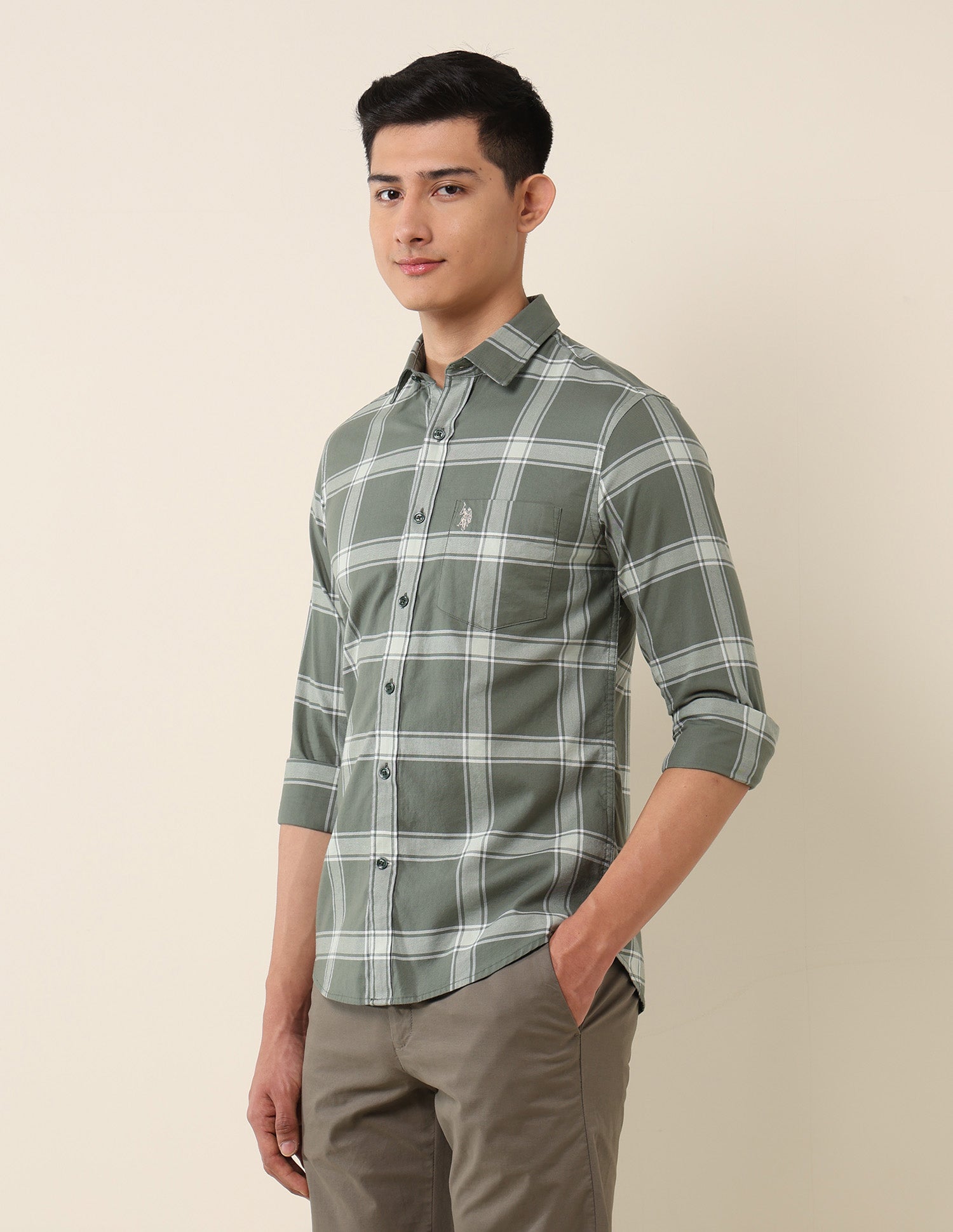 Grid Tattersall Checked Pure Cotton Shirt Light Olive - U.S. Polo Assn. India | Large
