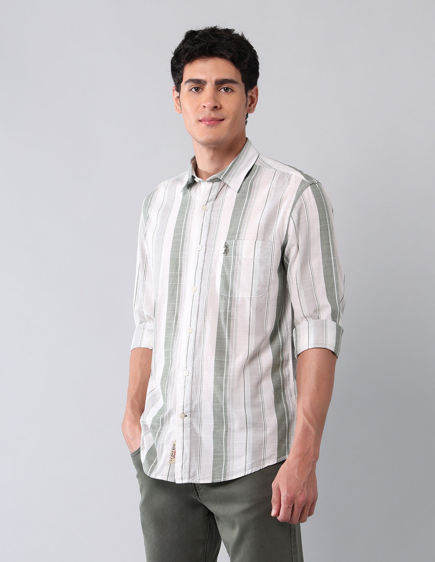 Vertical Striped Pure Cotton Shirt Green - U.S. Polo Assn. India | Large