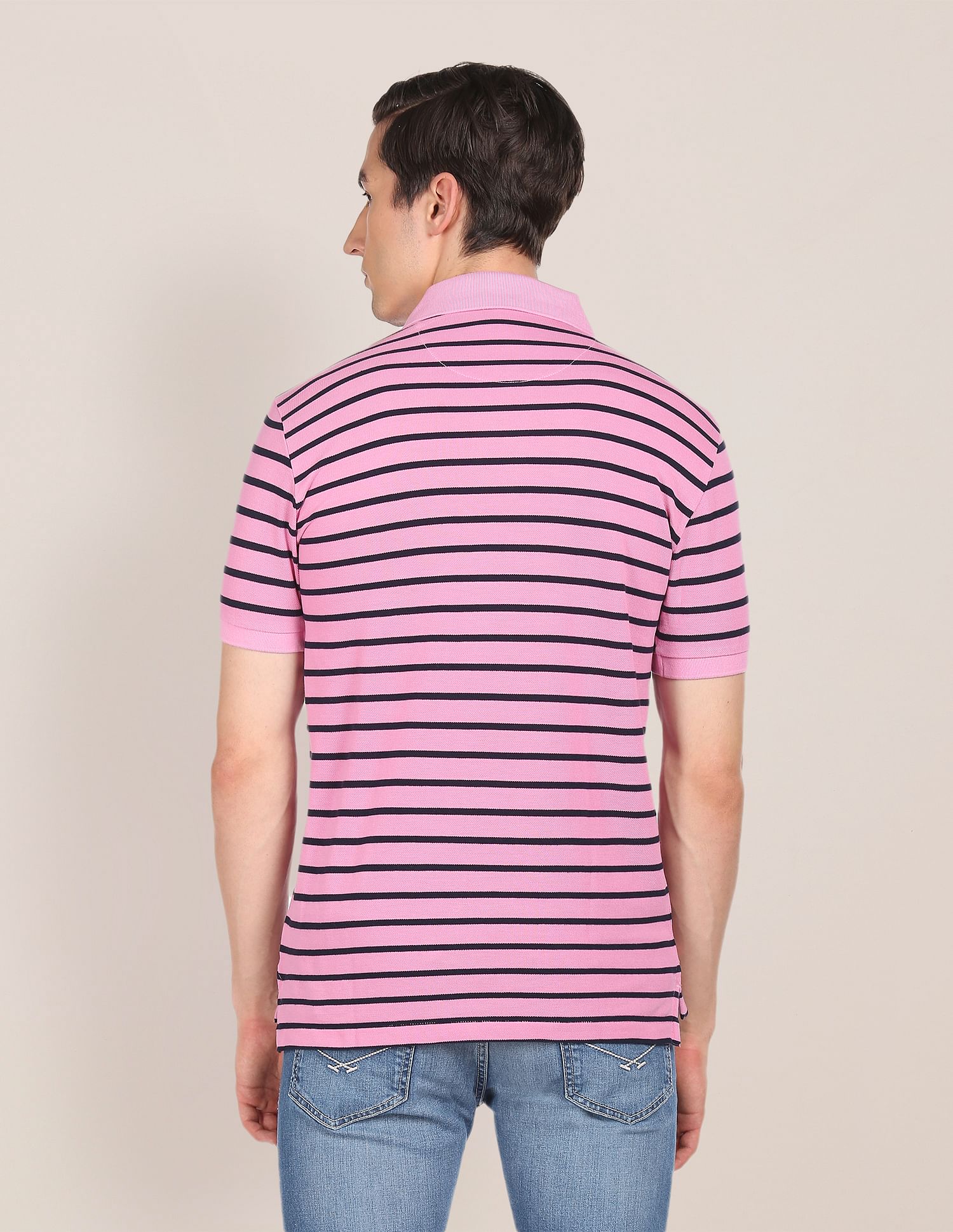 Ribbed Collar Horizontal Stripe Polo Shirt Pink - U.S. Polo Assn. India | Large
