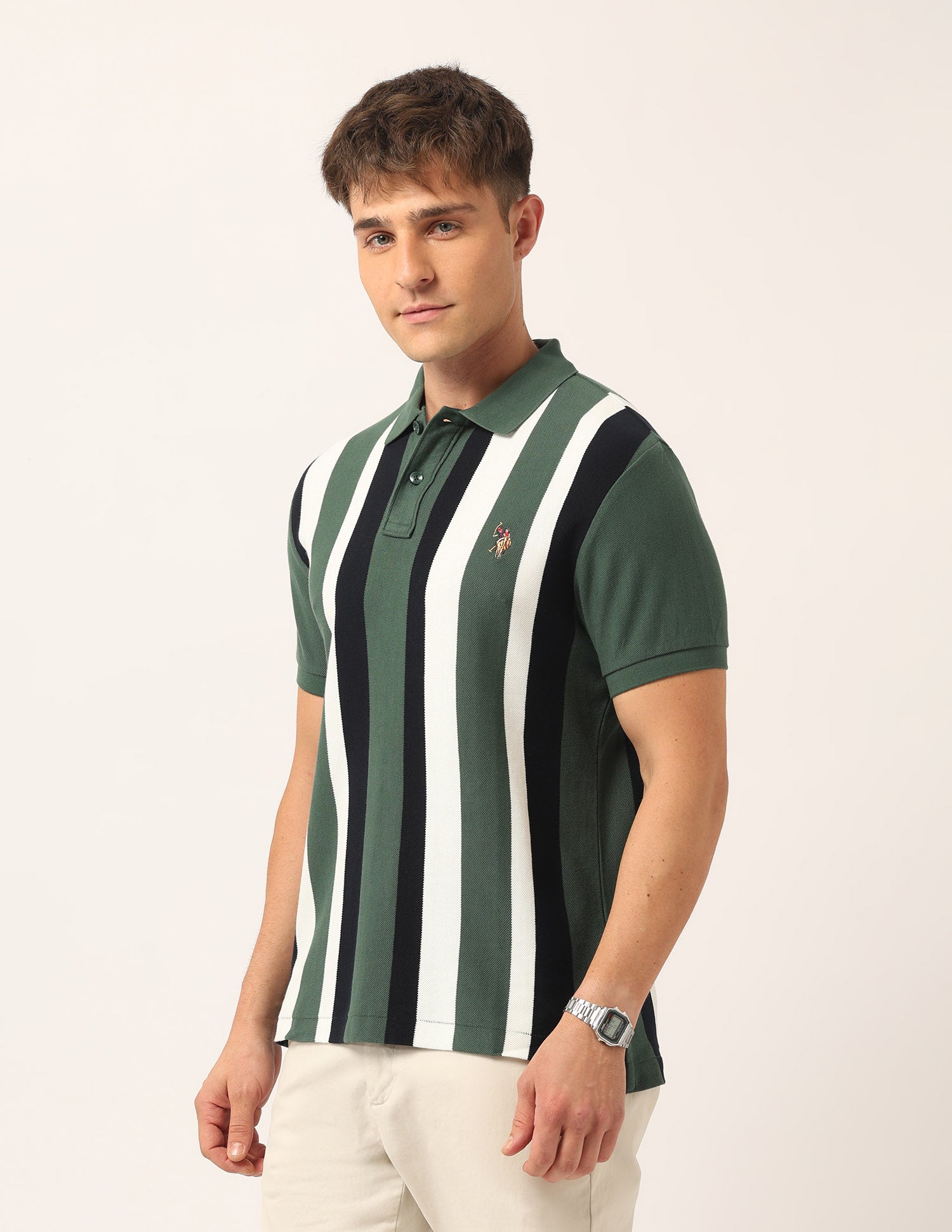 Vertical Striped Muscle Fit Polo Shirt Olive - U.S. Polo Assn. India | Large