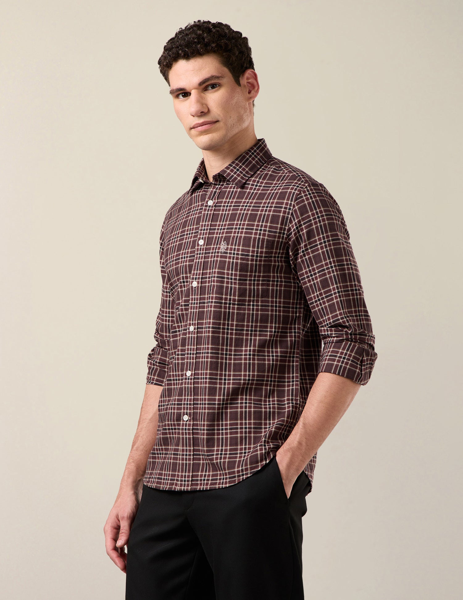 Grid Tattersall Checked Tailored Fit Shirt Maroon - U.S. Polo Assn. India | Large