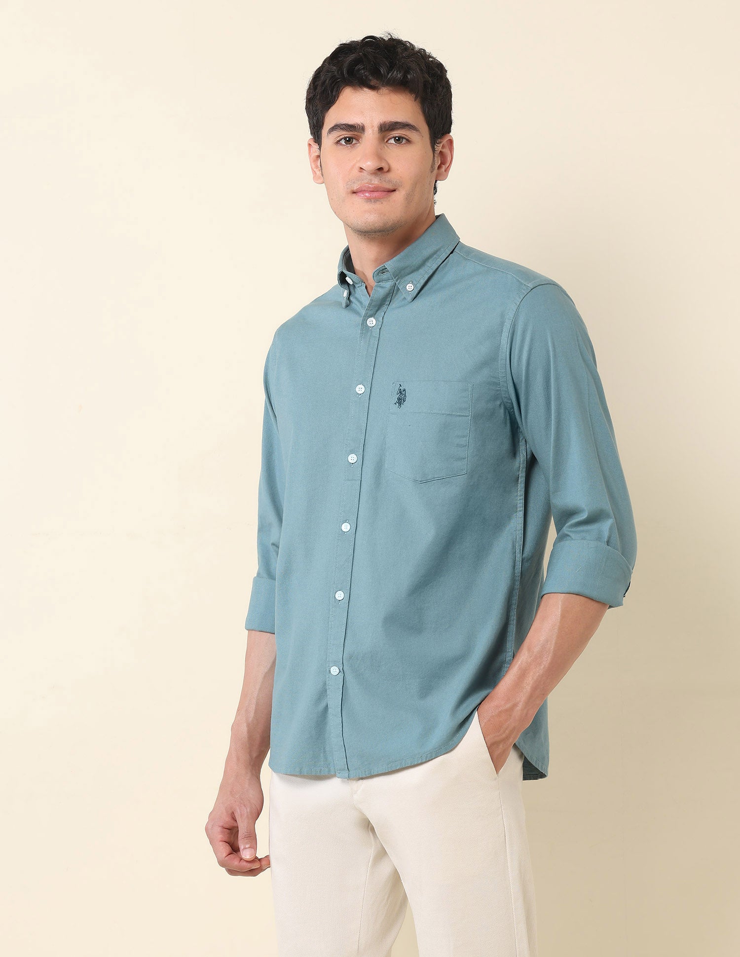 Solid Tailored Fit Oxford Shirt Teal - U.S. Polo Assn. India | Large