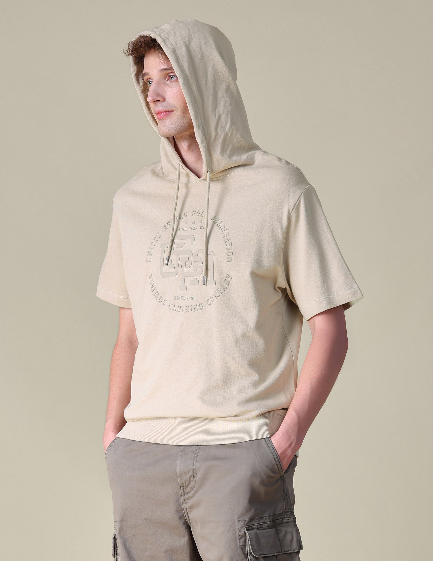 Hooded Relaxed Fit T-Shirt Beige - U.S. POLO ASSN. | Large