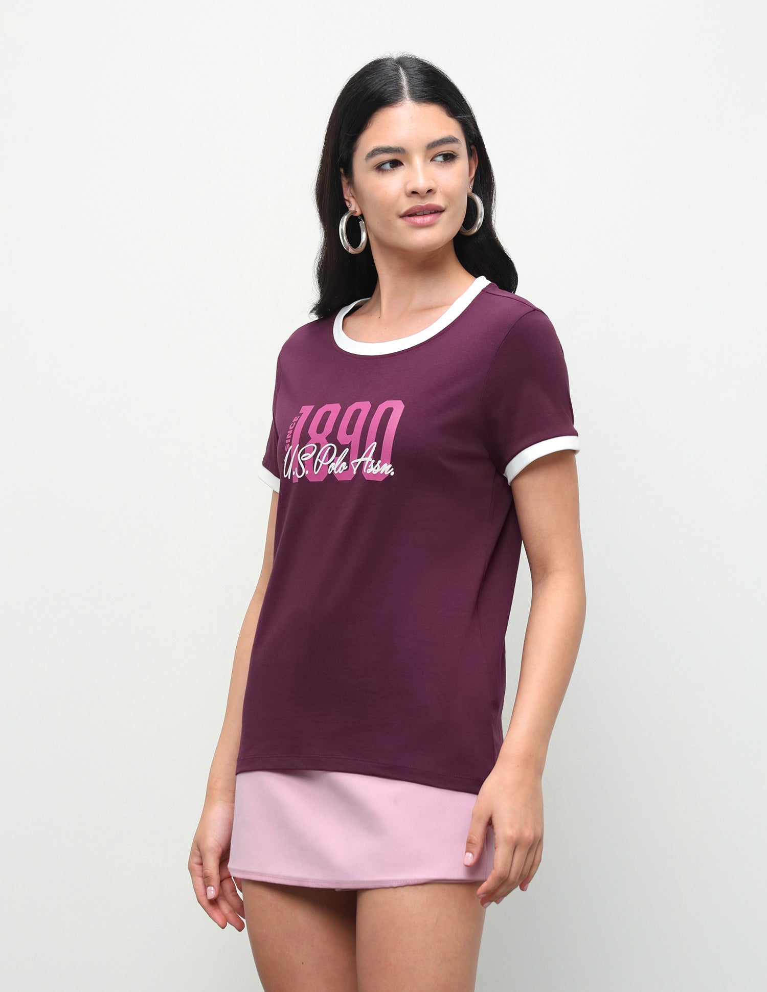 Typographic Brand Printed Ringer T-Shirt Wine - U.S. Polo Assn. India | Large