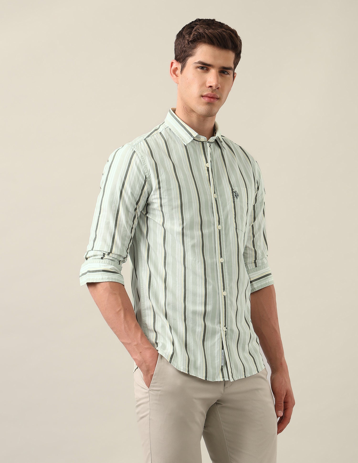 Tailored Fit Vertical Striped Shirt Green - U.S. Polo Assn. India | Large