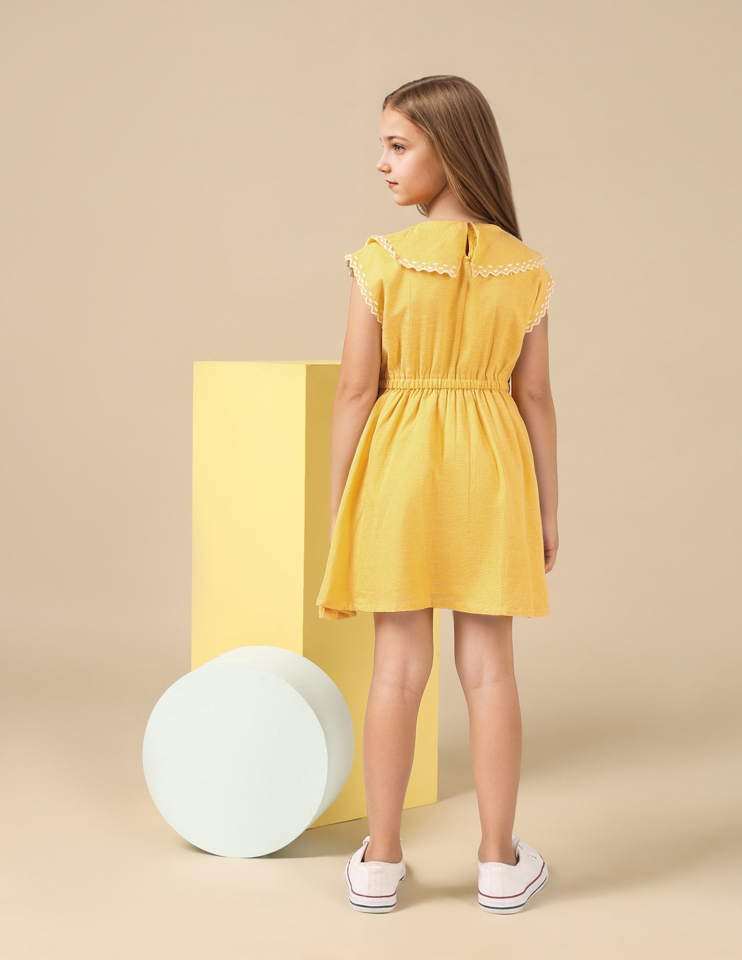 Girls Embroidered Collar Pure Cotton Dress Light Yellow - U.S. POLO ASSN. | Large