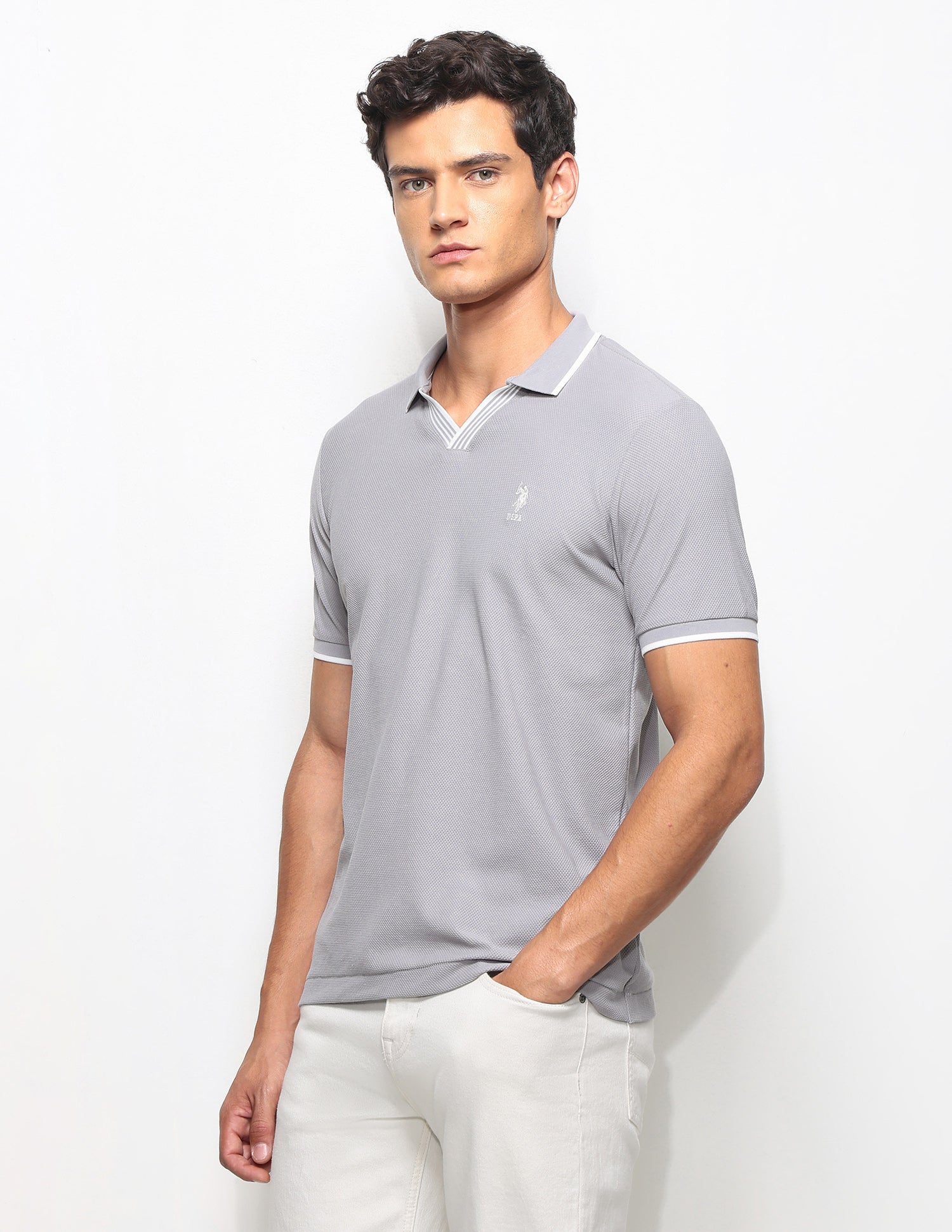 Textured Slim Fit Polo Shirt Light Grey - U.S. Polo Assn. India | Large