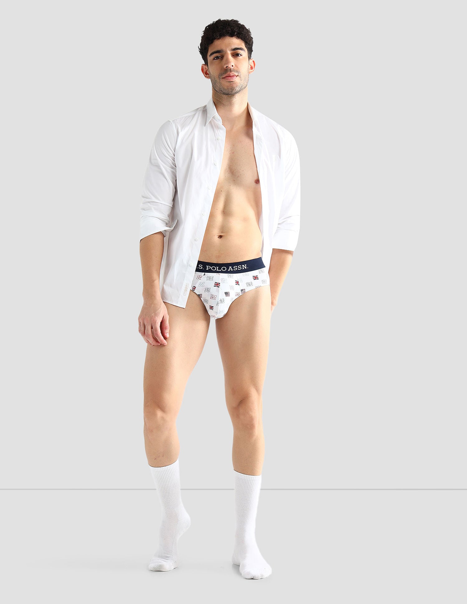 Elasticized Waist Solid OEB14 Briefs - Pack Of 3 White, White and Light Blue - U.S. POLO ASSN. | Large