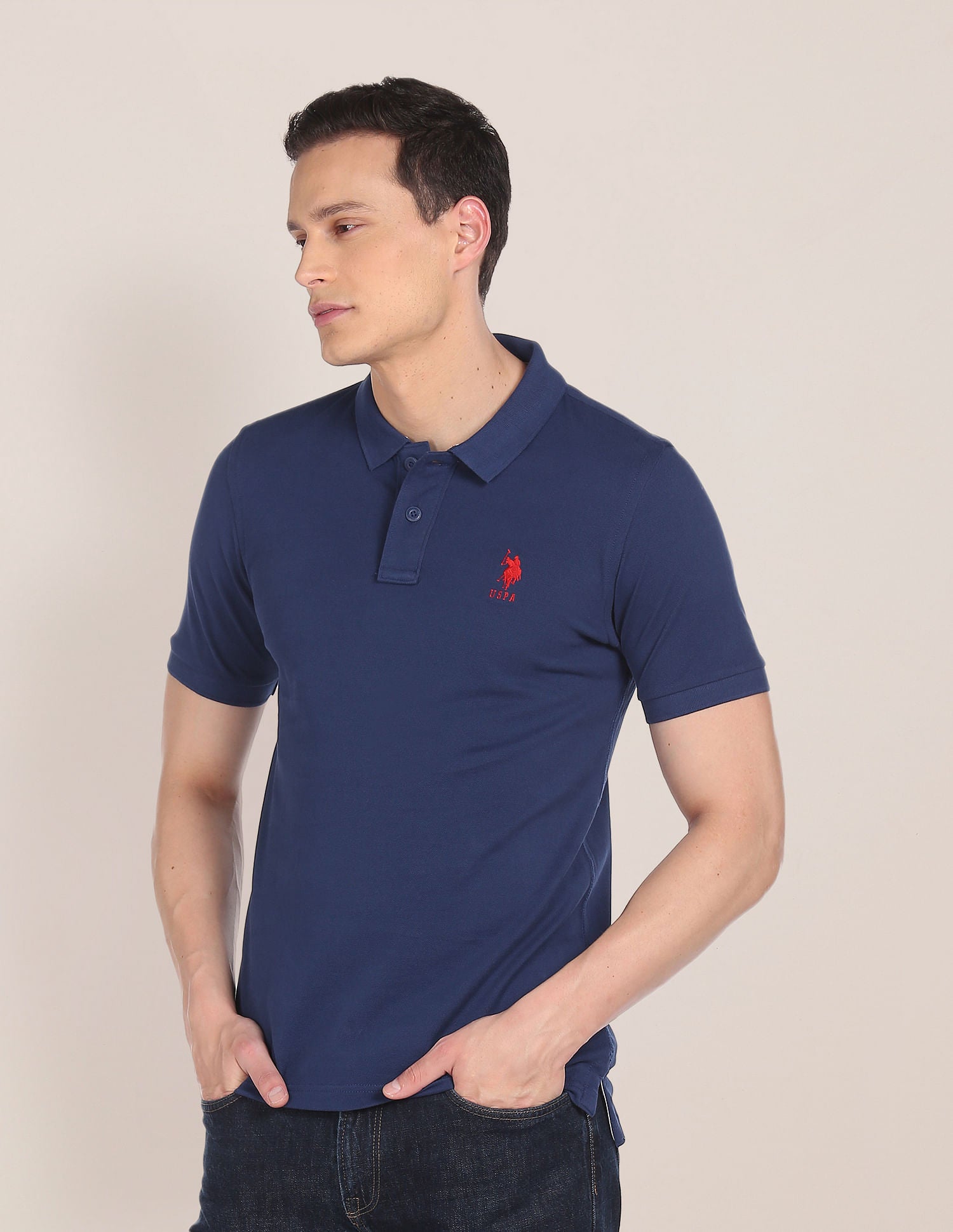 Men Dark Navy Ribbed Collar Logo Polo Shirt – U.S. Polo Assn. India