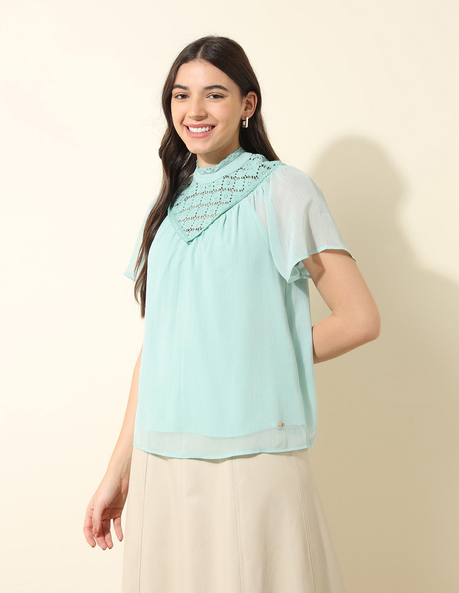 Lace Detailed Top Blue - U.S. POLO ASSN. | Large