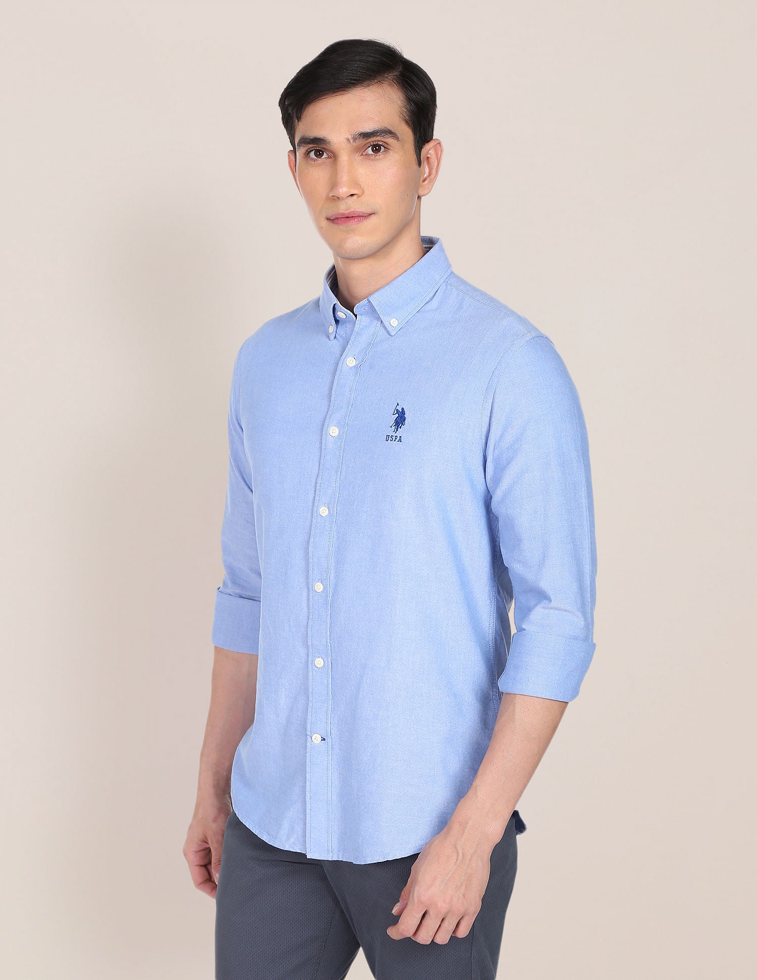 Men Blue Button-down Collar Solid Casual Shirt Light Blue - U.S. POLO ASSN. | Large