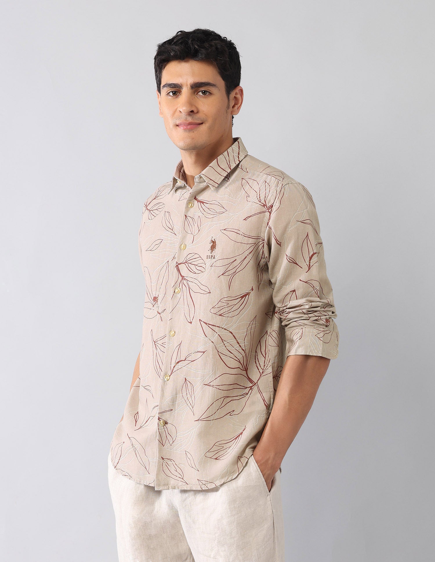 Tropical Printed Poplin Regular Fit Shirt Khaki - U.S. Polo Assn. India | Large