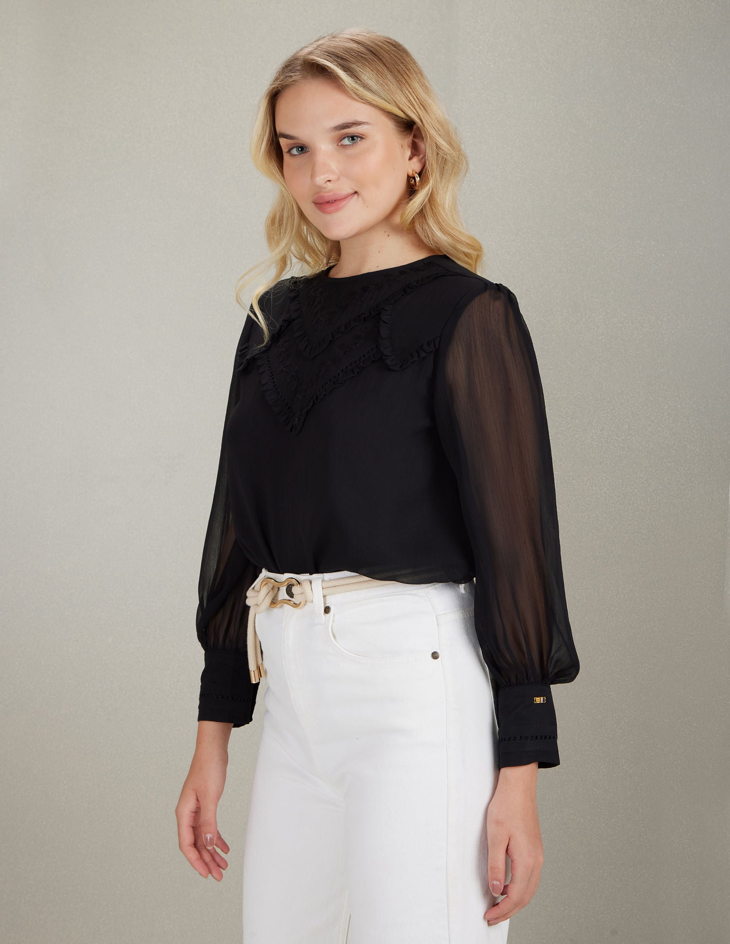 Ruffled Detail Long Sleeve Top Black - U.S. Polo Assn. India | Large