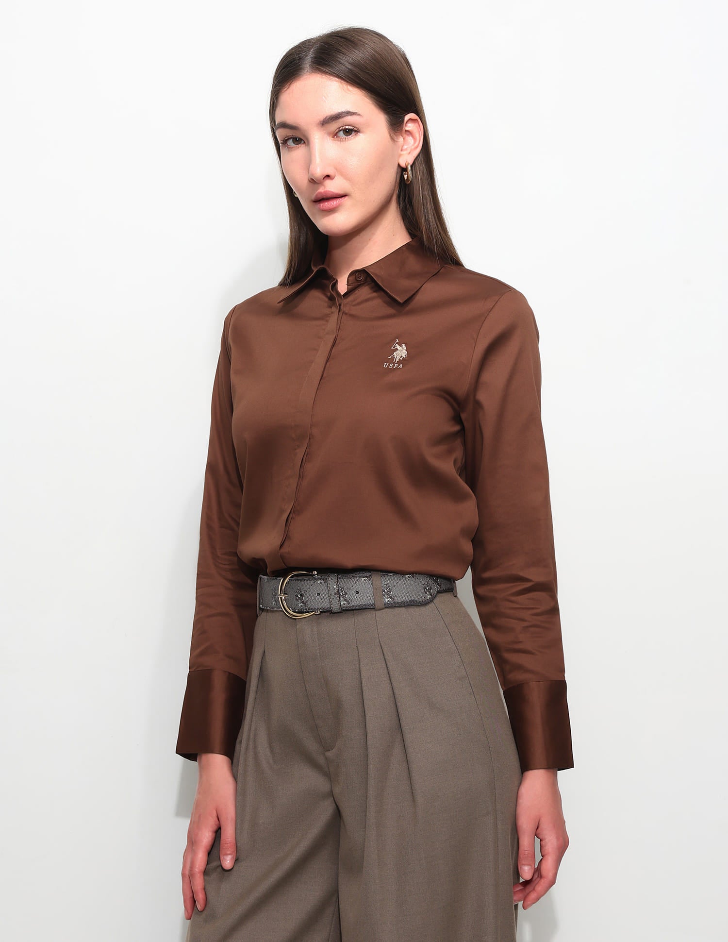 Cotton Sateen Regular Fit Shirt Brown - U.S. Polo Assn. India | Large
