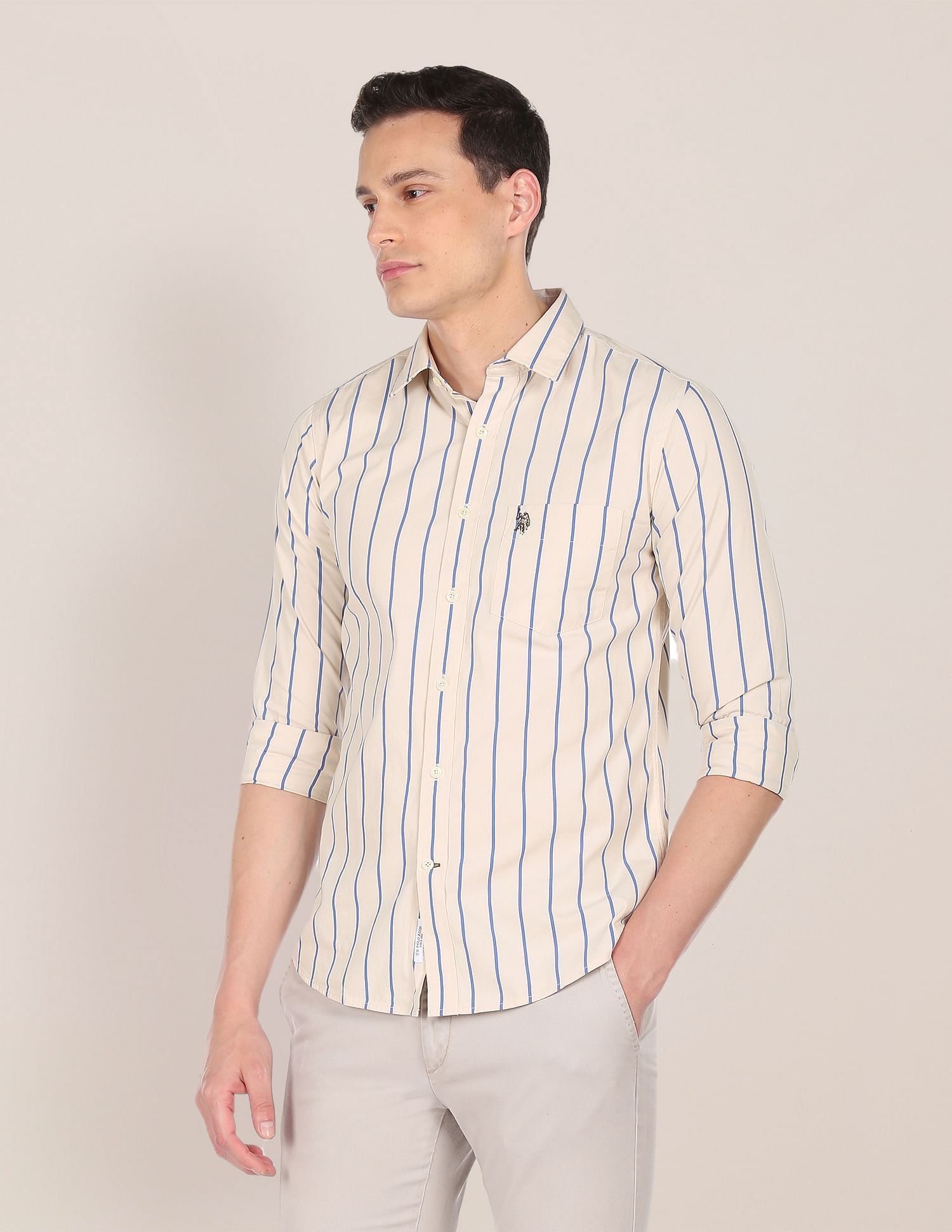 Premium Cotton Striped Casual Shirt Beige - U.S. Polo Assn. India | Large
