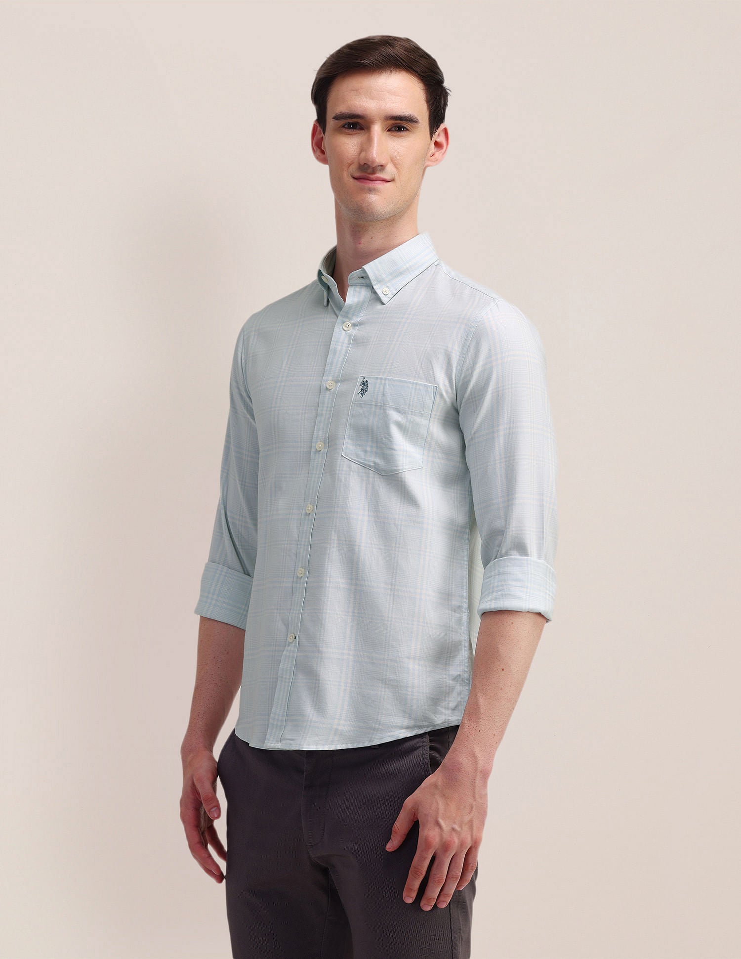 Grid Tattersall Checked Twill Shirt Light Blue - U.S. Polo Assn. India | Large