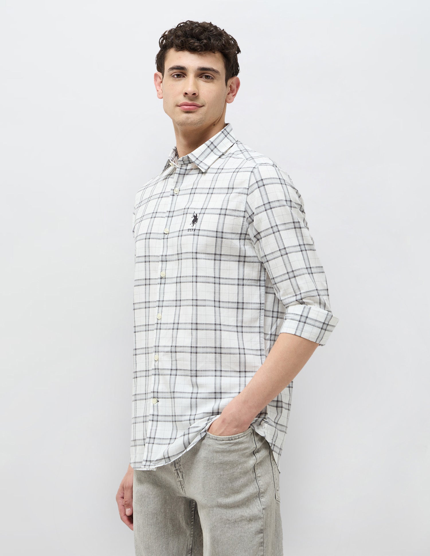 Regular Fit Grid Tattersall Checked Shirt Off White - U.S. POLO ASSN. | Large
