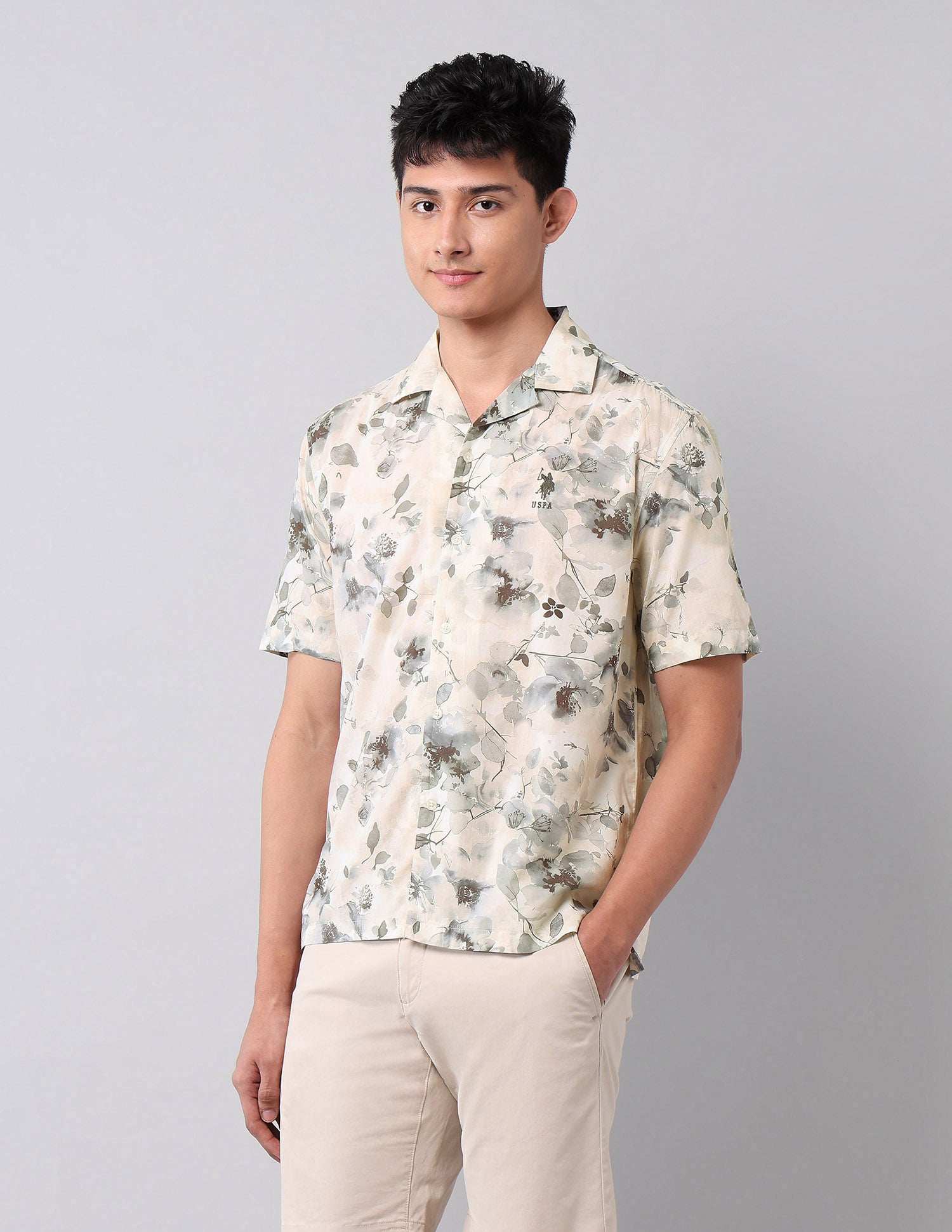 Floral Printed Relaxed Fit Shirt Light Khaki - U.S. Polo Assn. India | Large