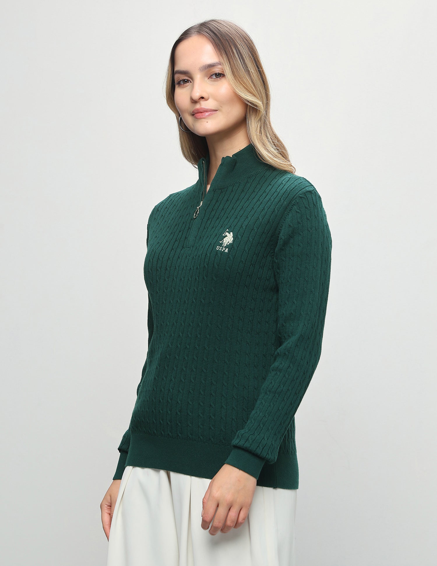 Cable Patterned Knit Regular Fit Half Zip Sweater Dark Green - U.S. Polo Assn. India | Large