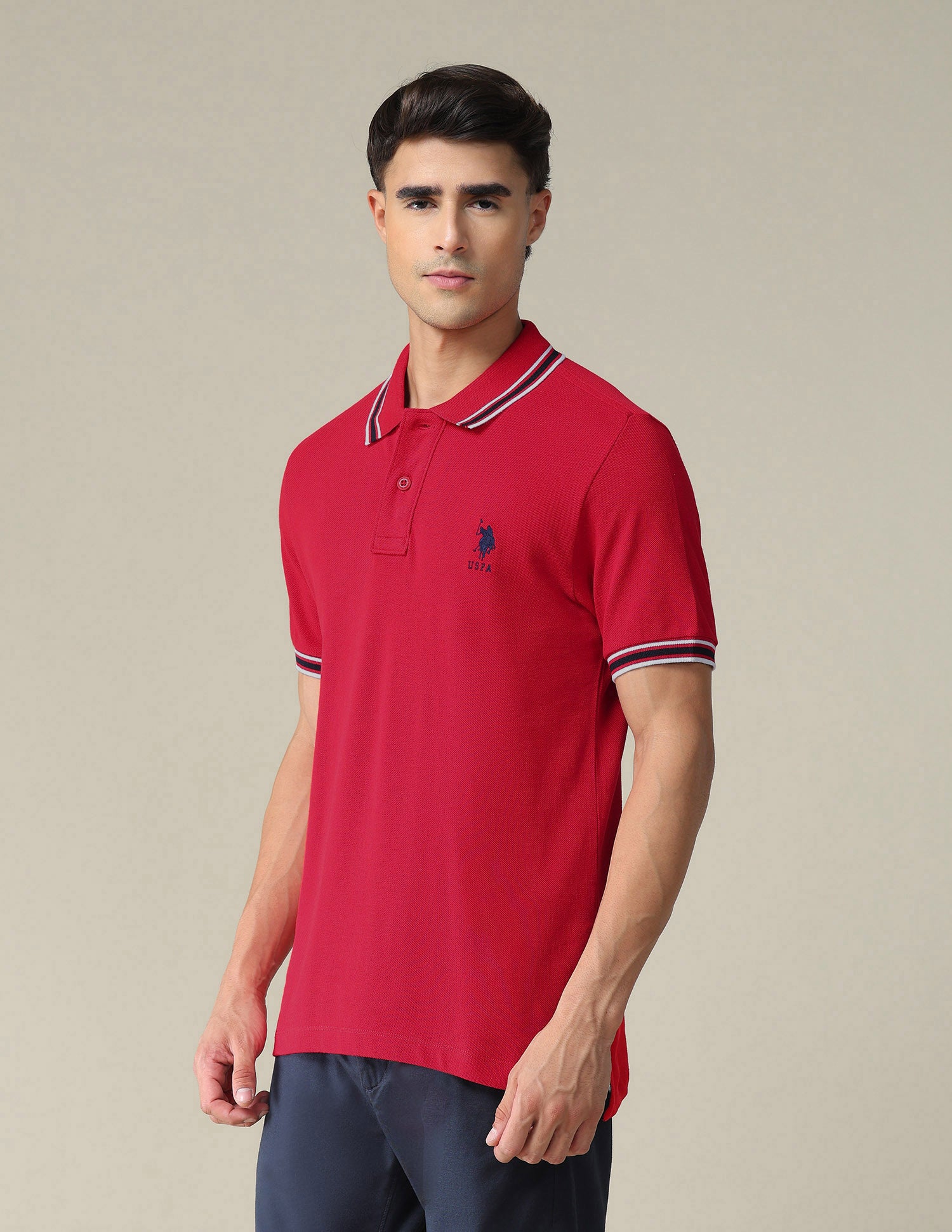 Striped Collar Solid Polo Shirt Red - U.S. POLO ASSN. | Large