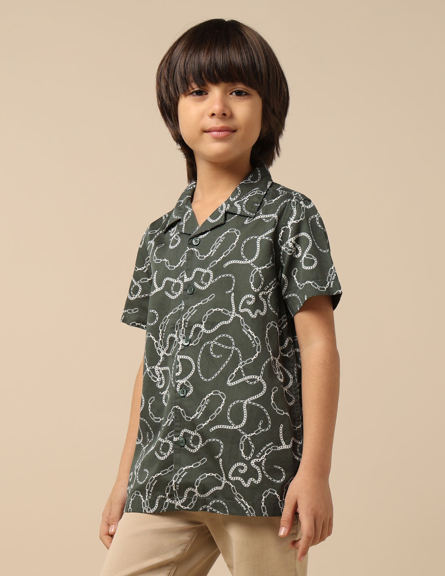 Boys All Over Printed Satin Shirt Olive - U.S. POLO ASSN. | Large