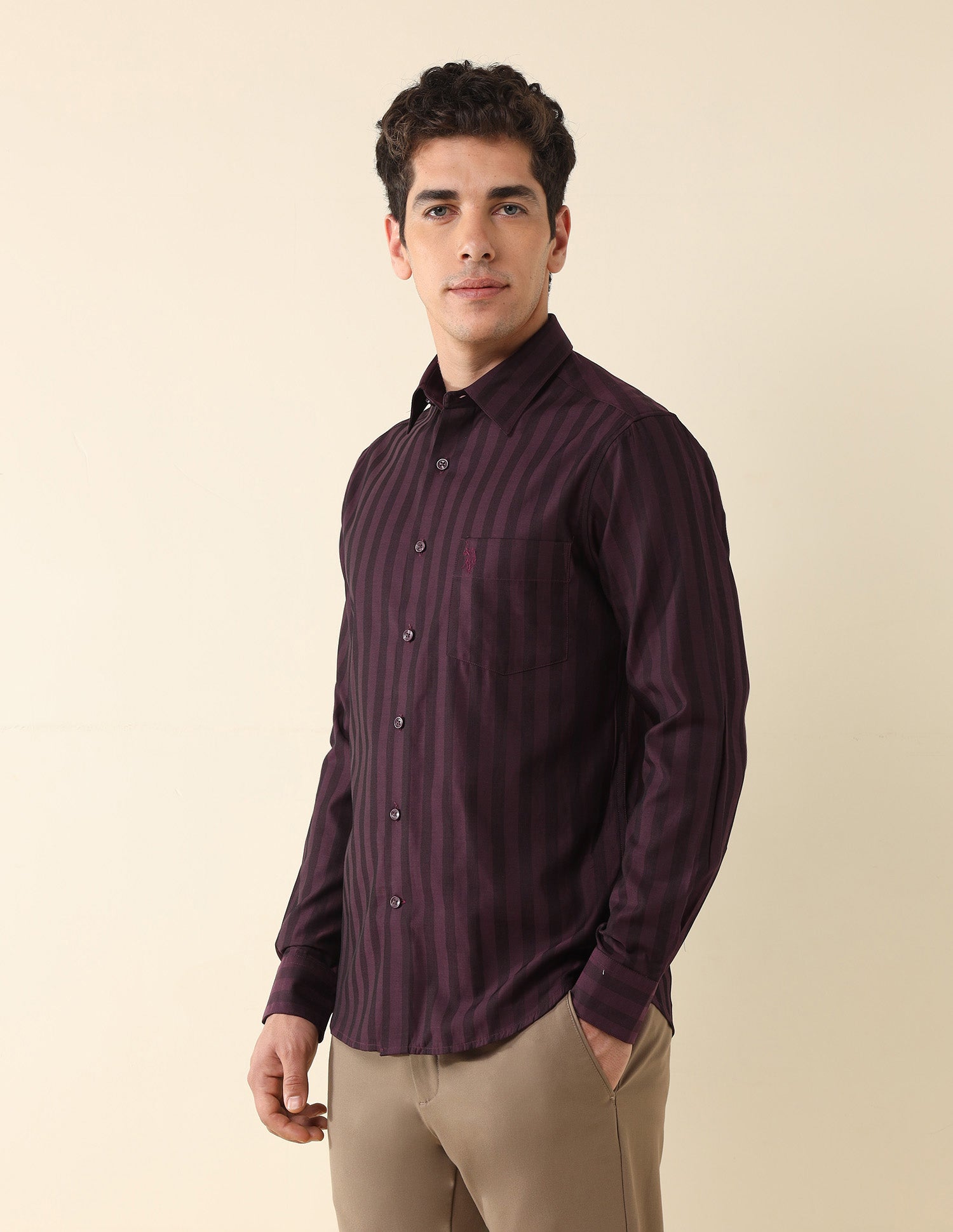 Vertical Striped Satin Shirt Burgundy - U.S. Polo Assn. India | Large