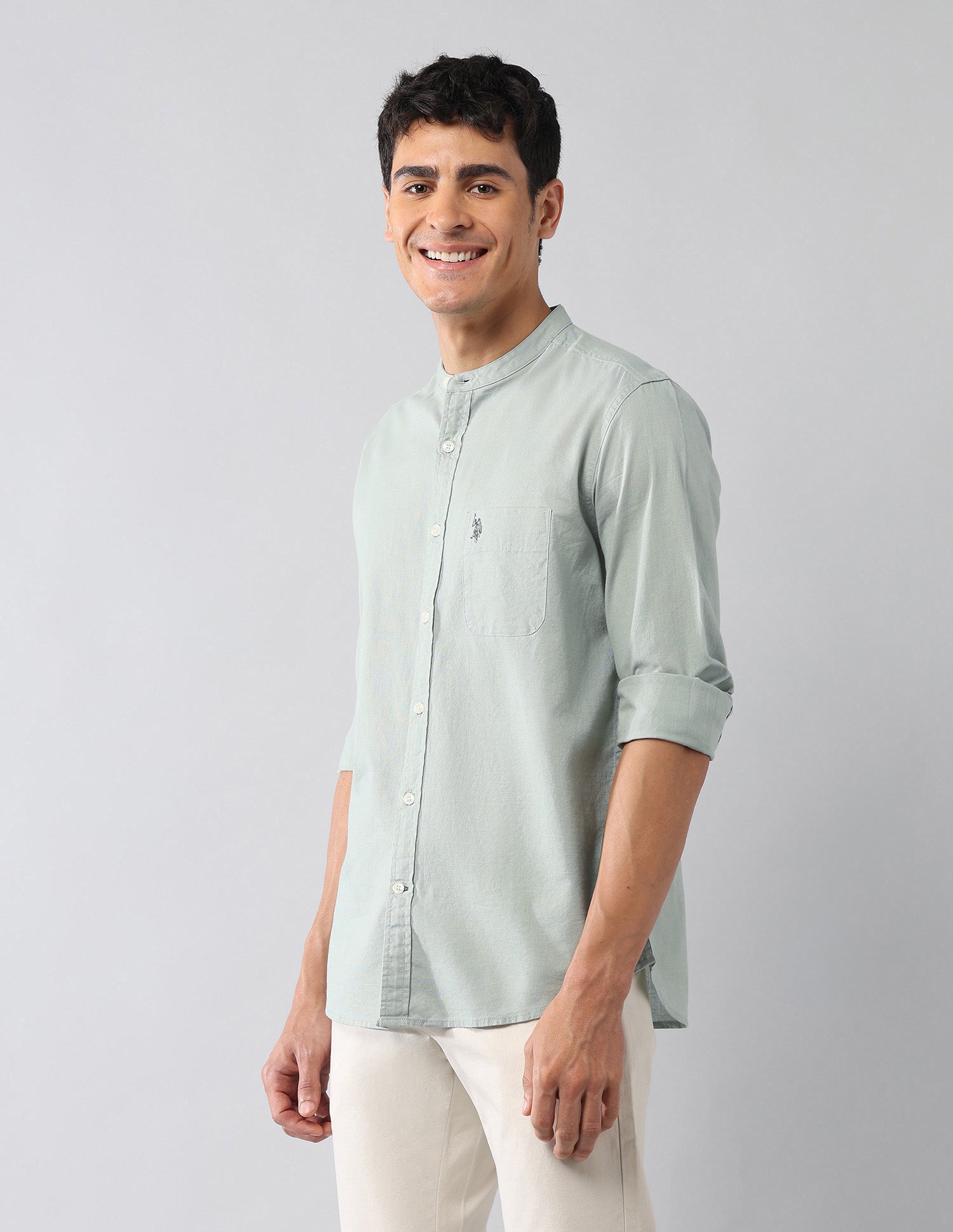 Solid Regular Fit Mandarin Shirt Light Green - U.S. Polo Assn. India | Large