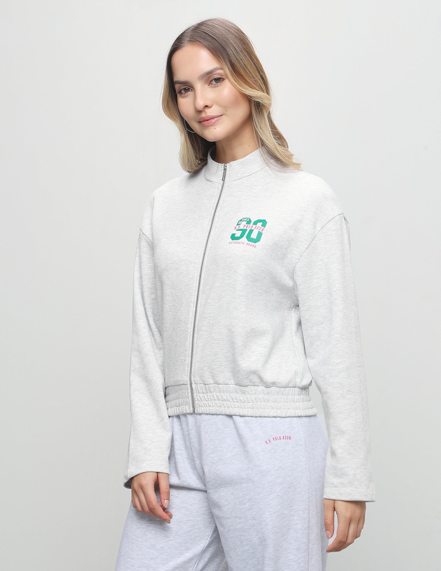 Solid Relaxed Fit Zipper Sweatshirt Grey Melange - U.S. Polo Assn. India | Large