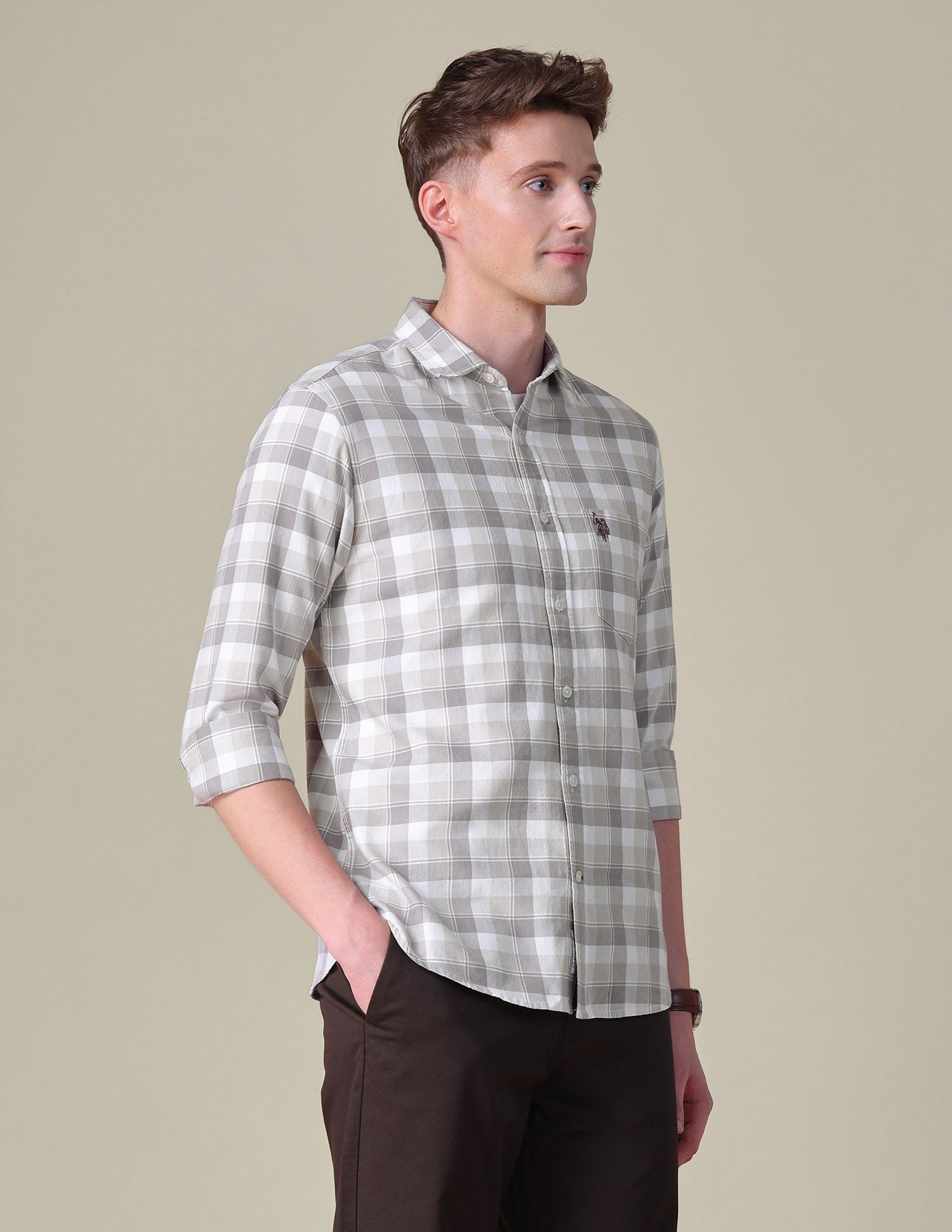 Grid Tattersall Checked Tailored Fit Shirt Beige - U.S. POLO ASSN. | Large